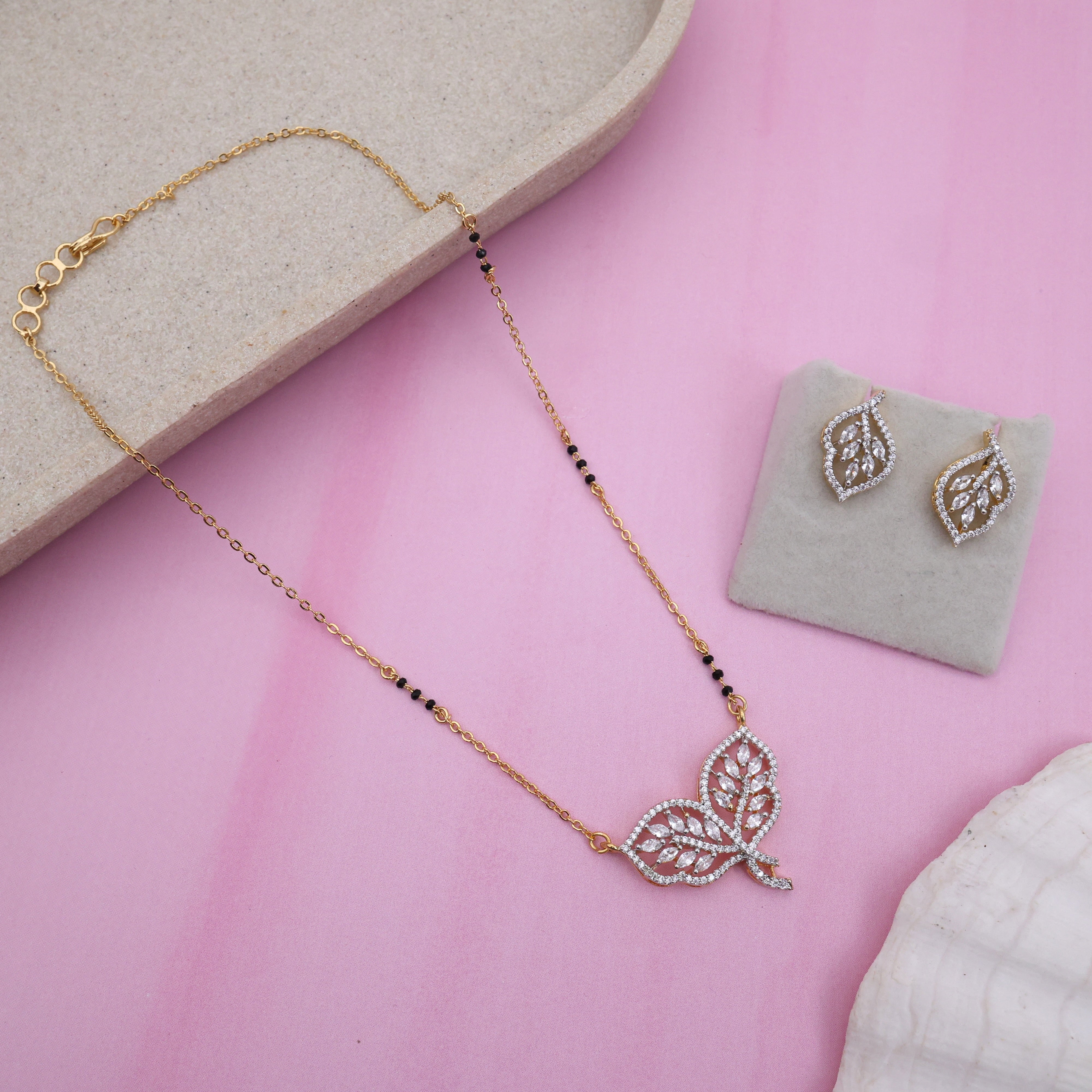 Gold Tone Diamond Look Double Leaf Pendant Black Beads Mangalsutra Chain Set