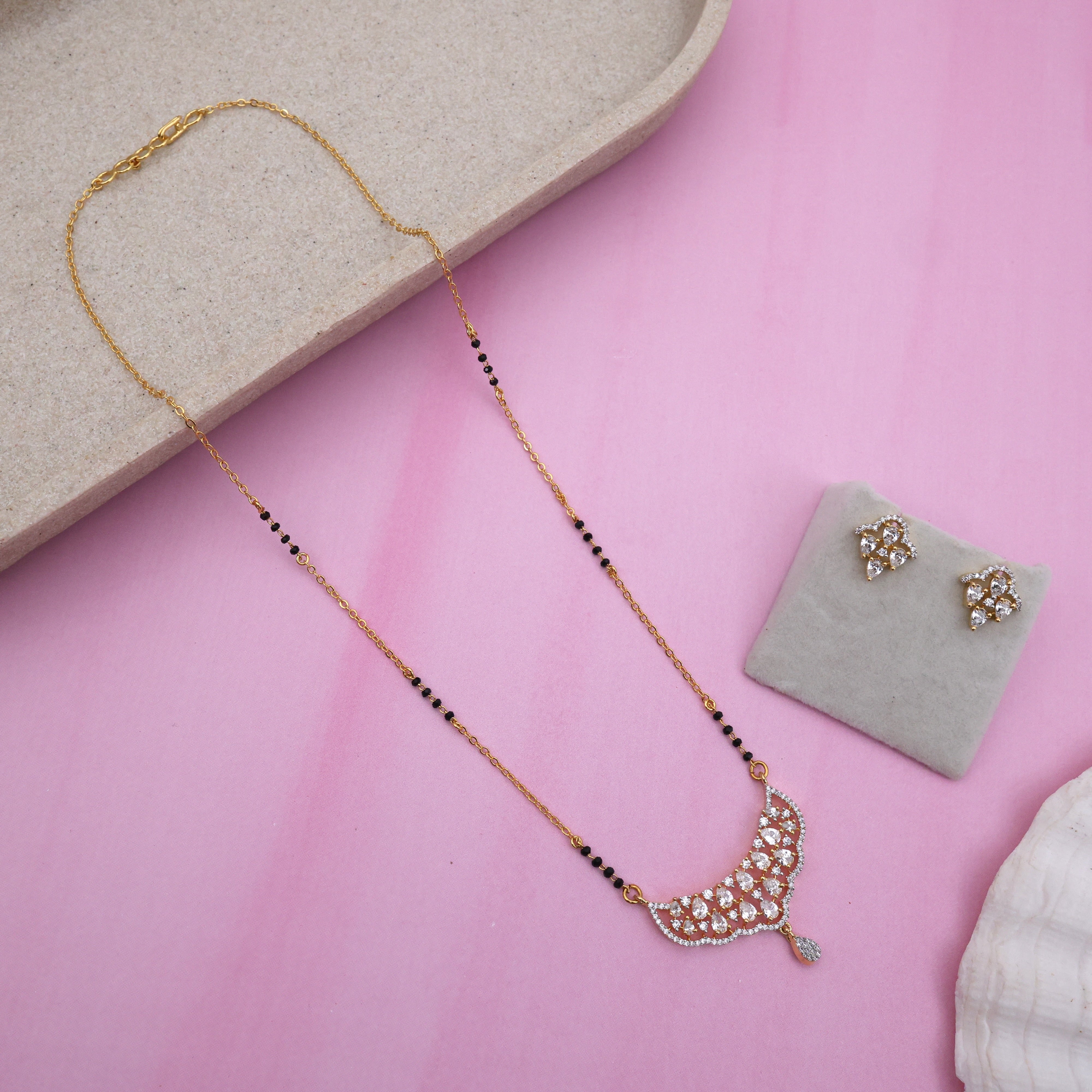 Diamond LookFlower Dome Black Beads Mangalsutra Set
