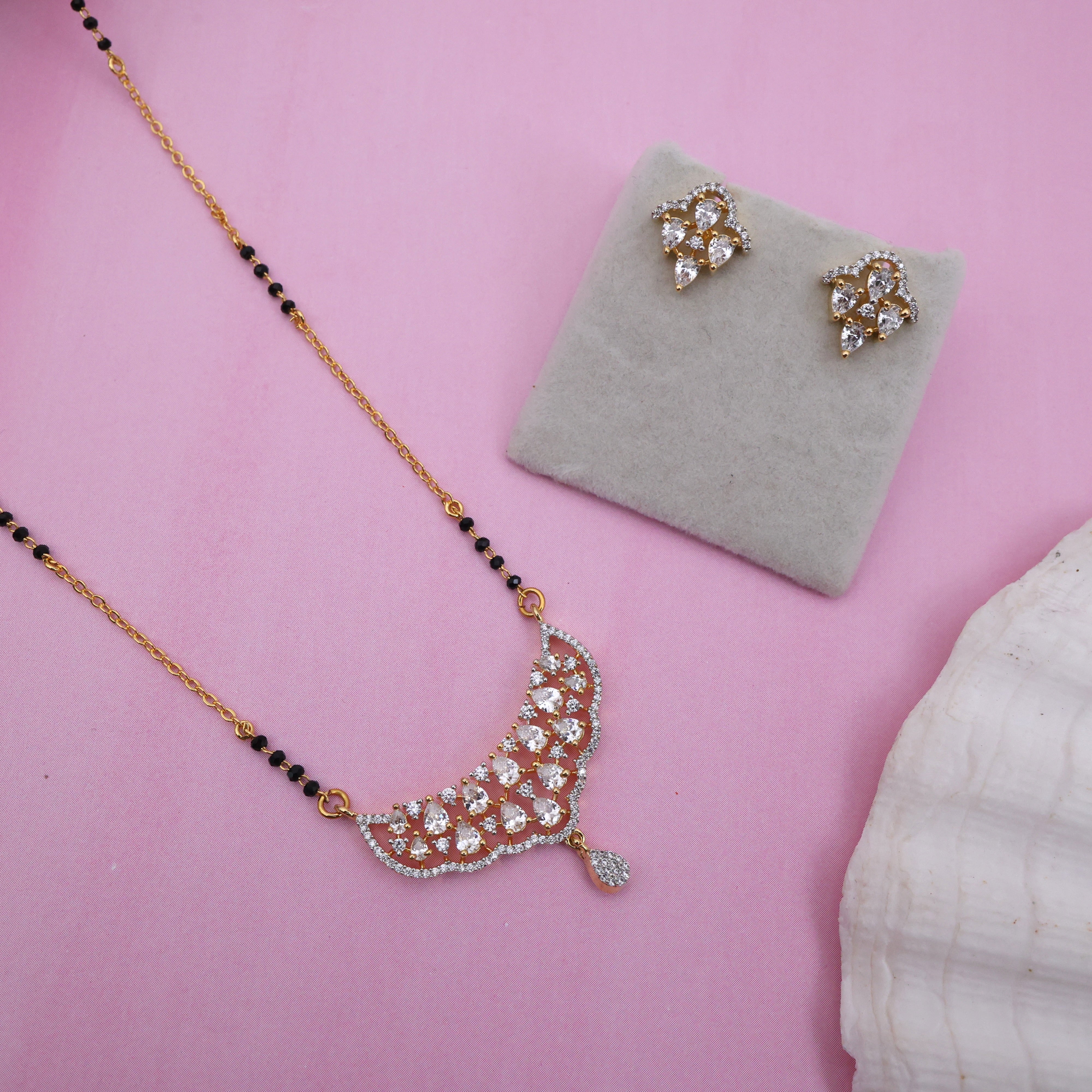 Diamond LookFlower Dome Black Beads Mangalsutra Set