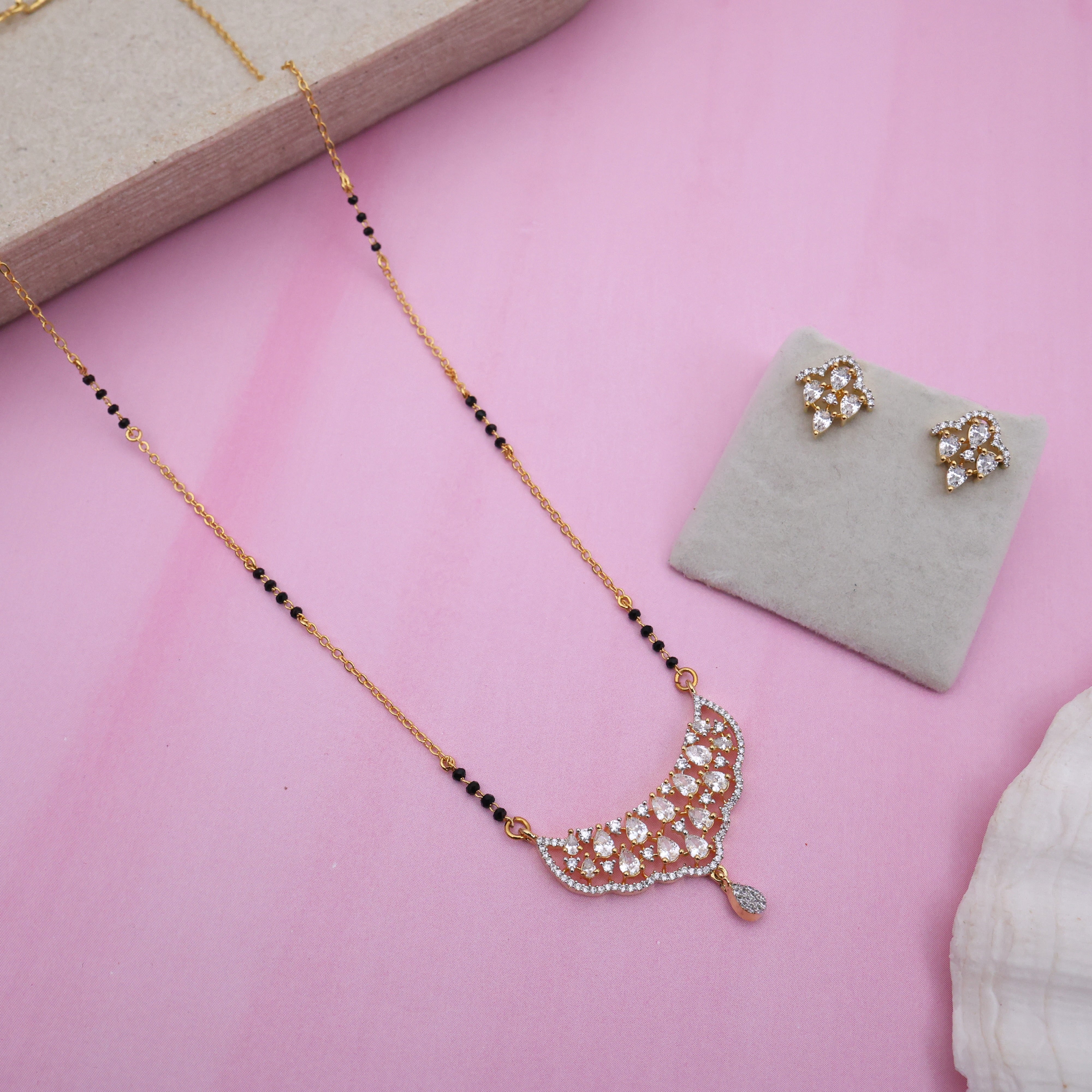 Diamond LookFlower Dome Black Beads Mangalsutra Set