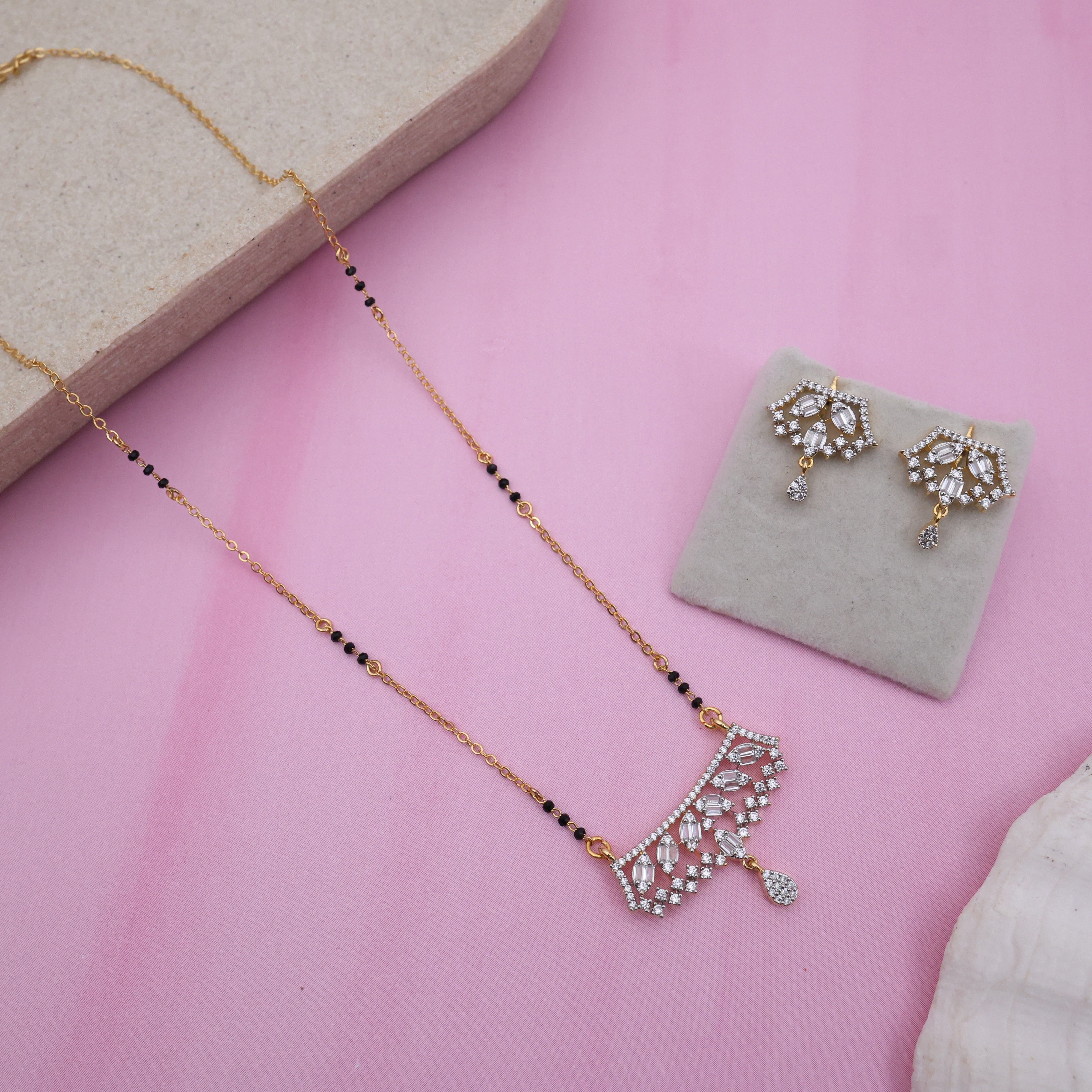 Diamond Look Leaf Set Pendant Black Beads Mangalsutra Set
