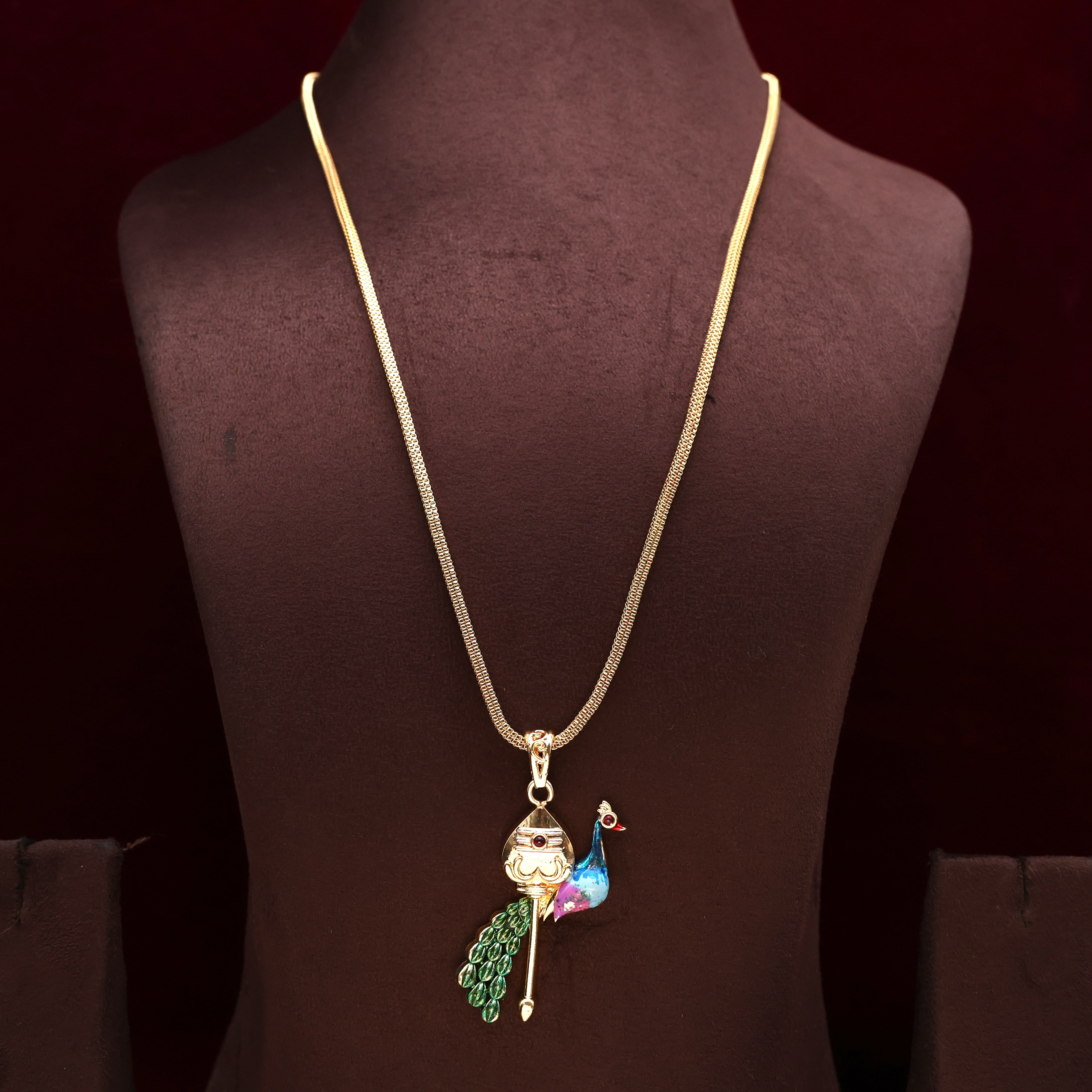 Real Gold Tone Murugar Vel with Mayil Pendant Chain - 24 Inches Chain