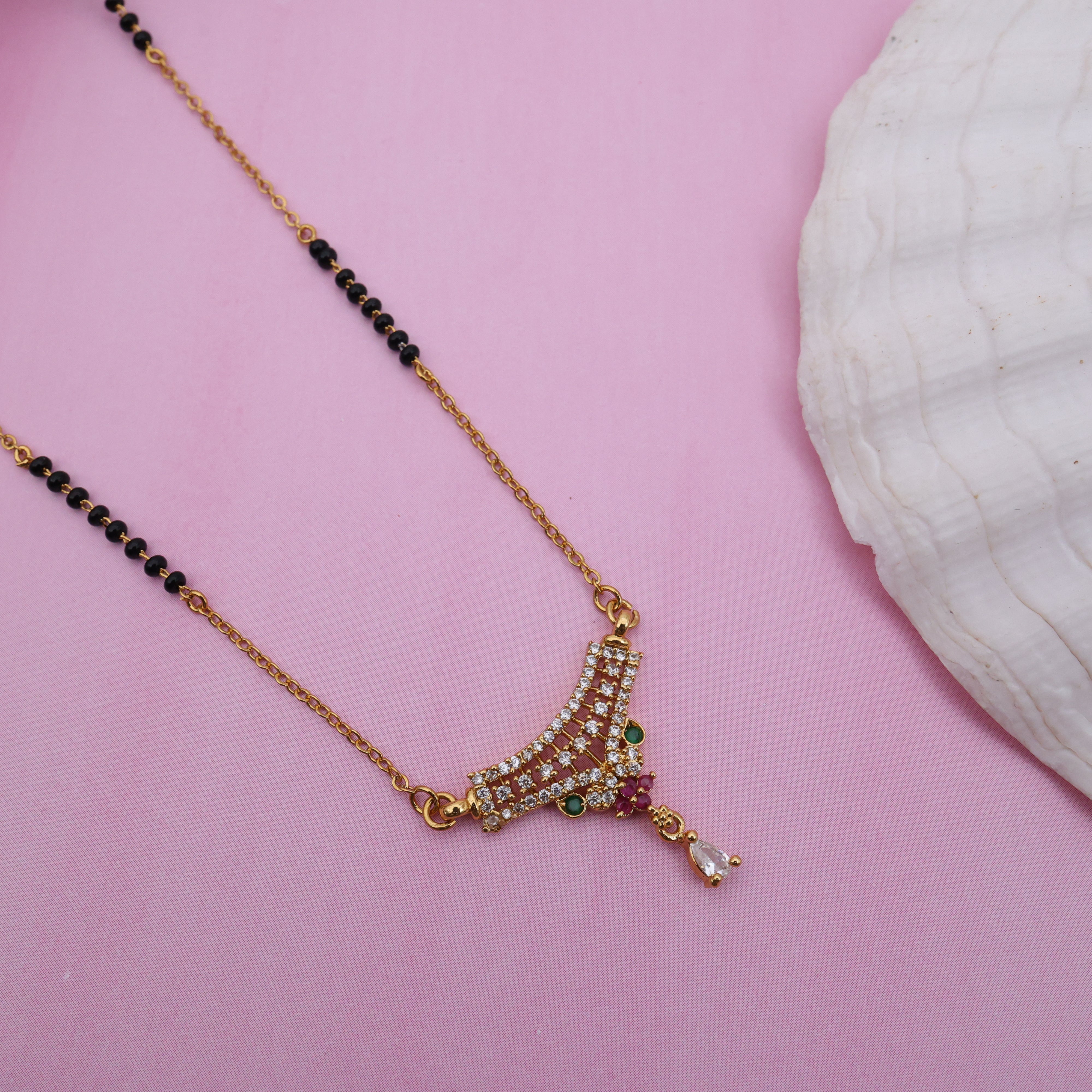 Gold Tone AD Pendant Black Beads Mangalsutra Chain