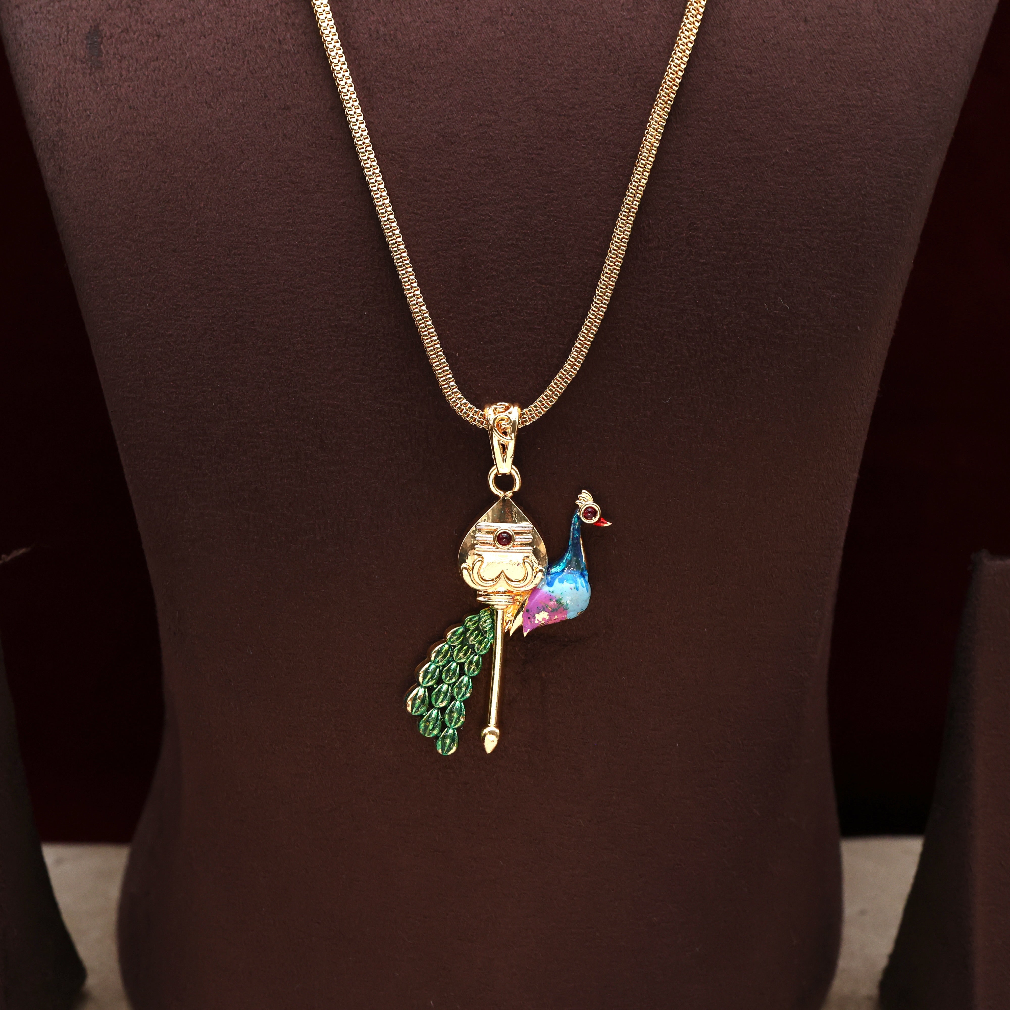 Real Gold Tone Murugar Vel with Mayil Pendant Chain - 24 Inches Chain