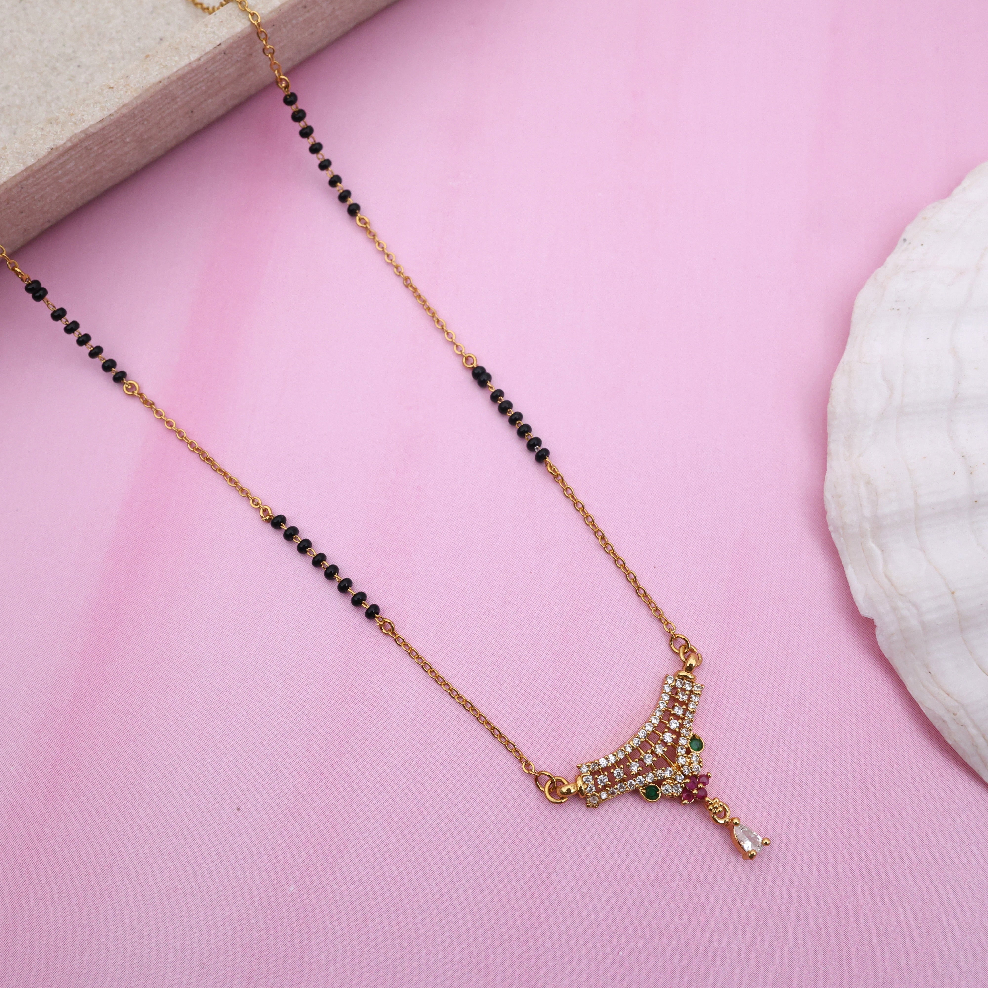 Gold Tone AD Pendant Black Beads Mangalsutra Chain