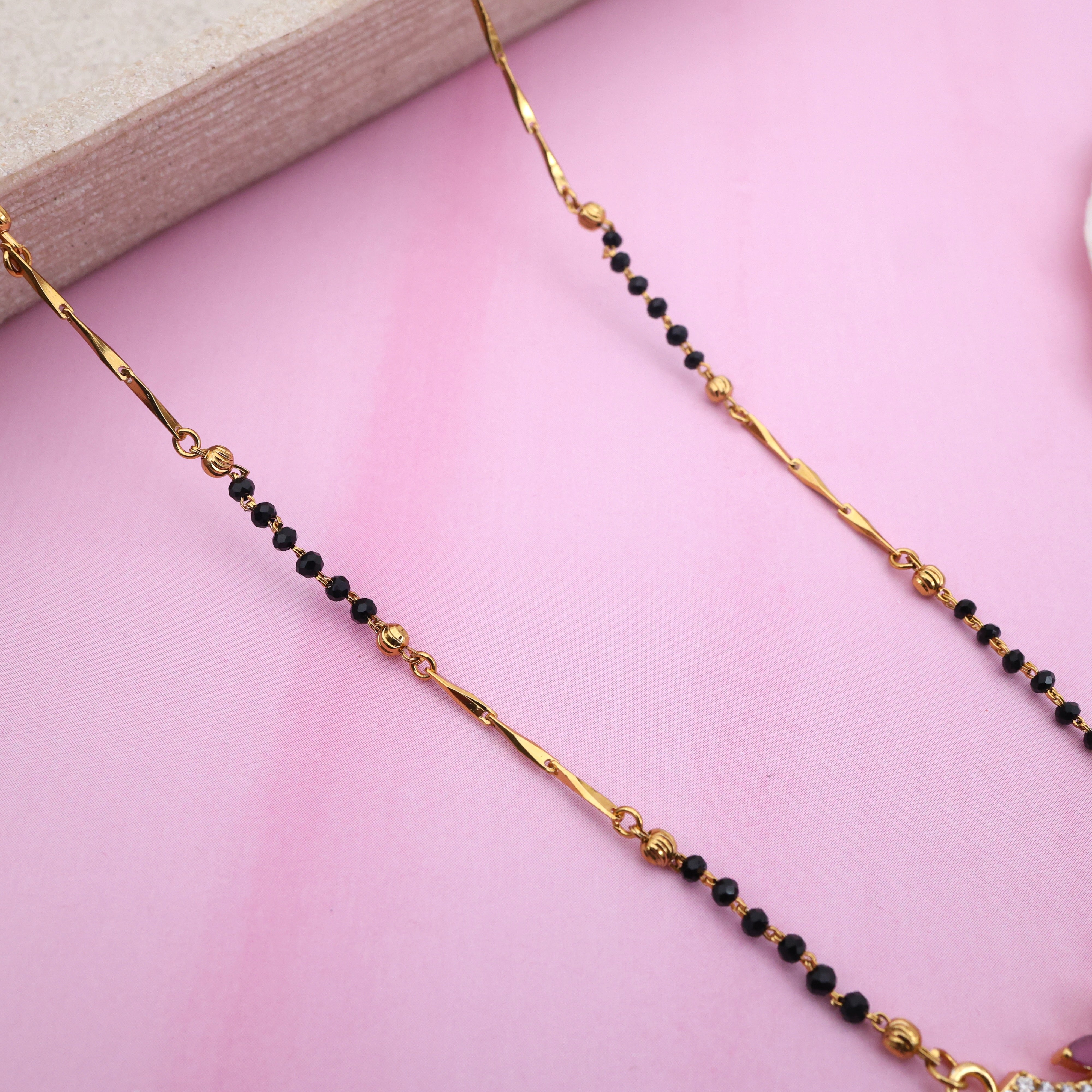 Gold Tone AD Rettapakshi Pendant Black Beads Mangalsutra Chain