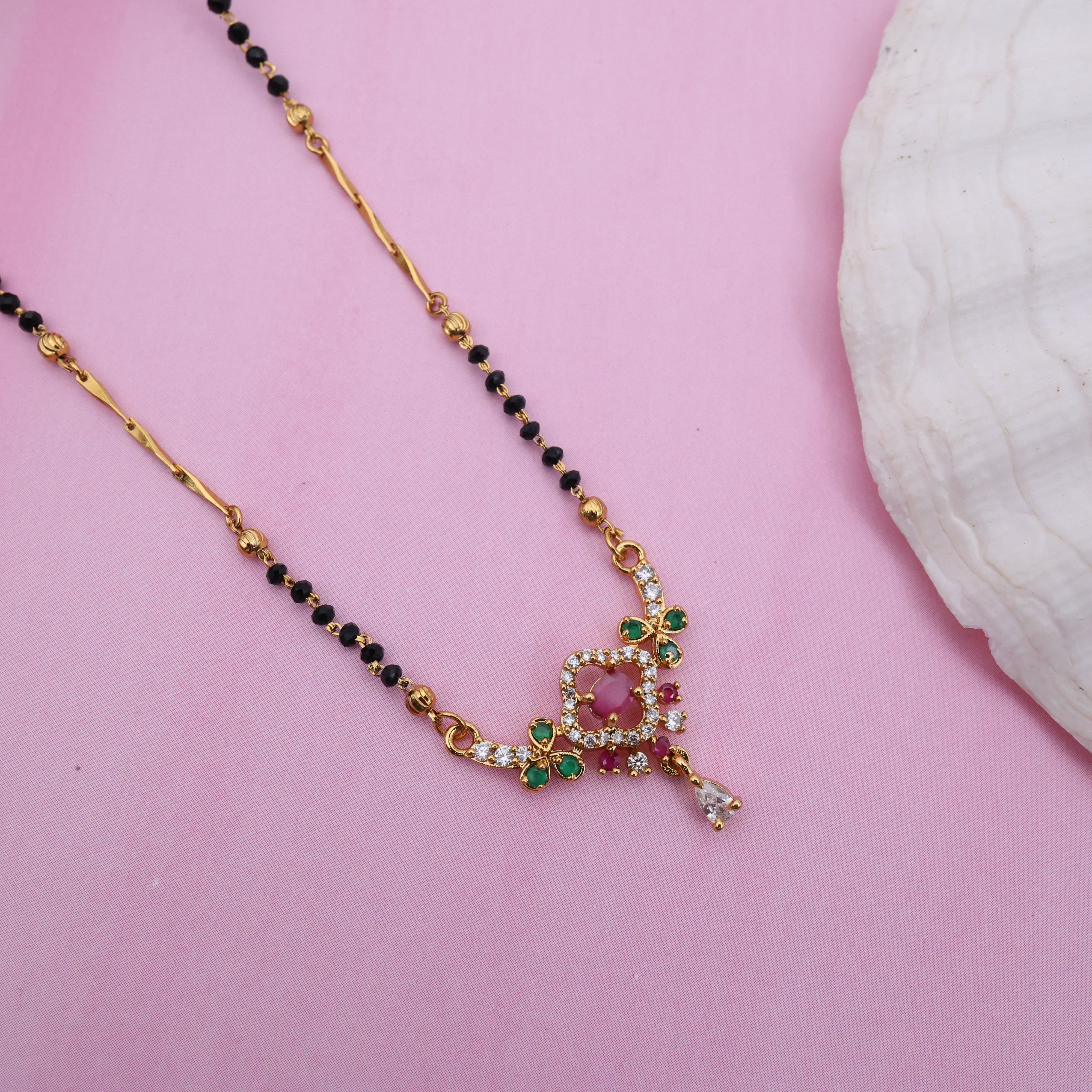Gold Tone Diamond Flower Black Beads Mangalsutra Chain