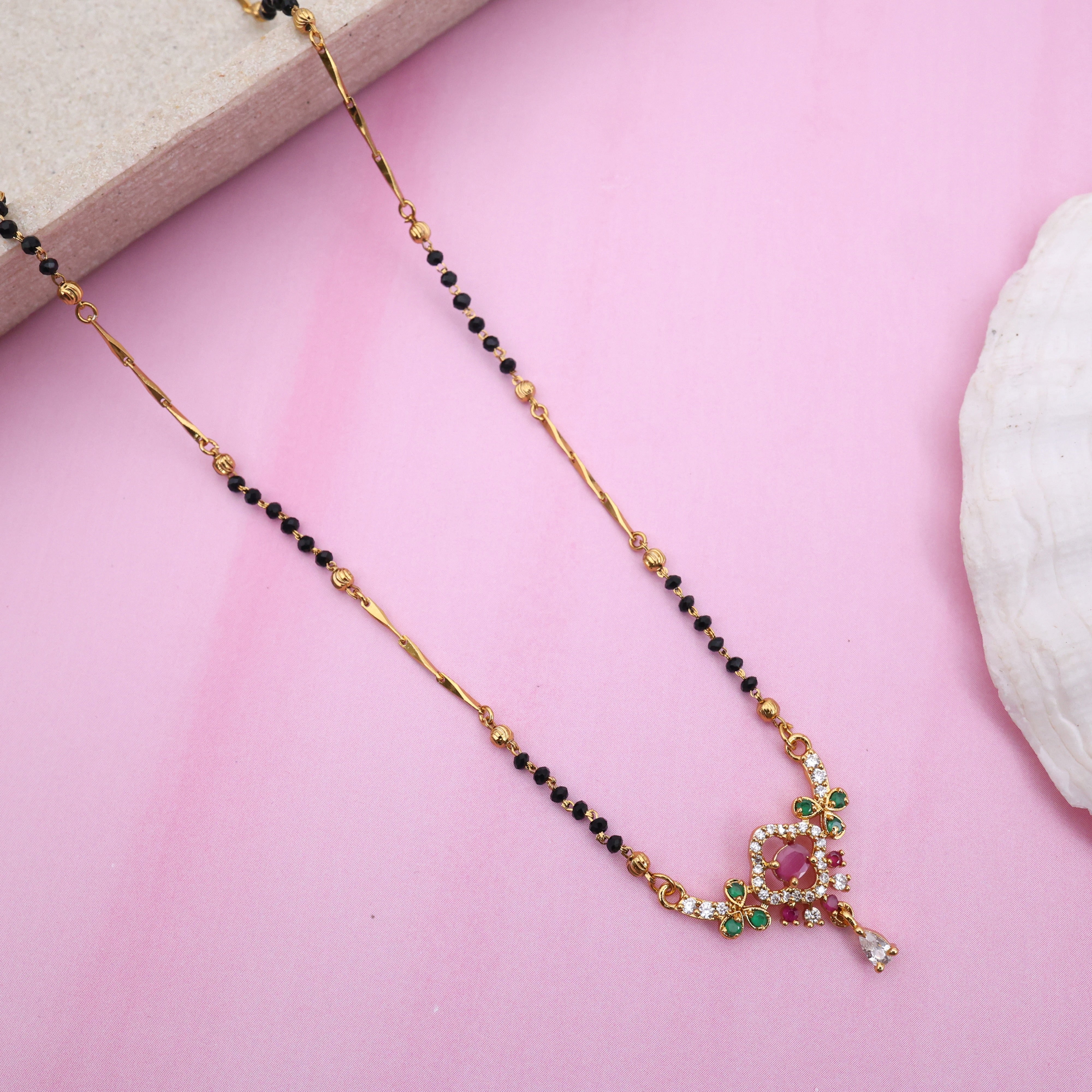 Gold Tone Diamond Flower Black Beads Mangalsutra Chain