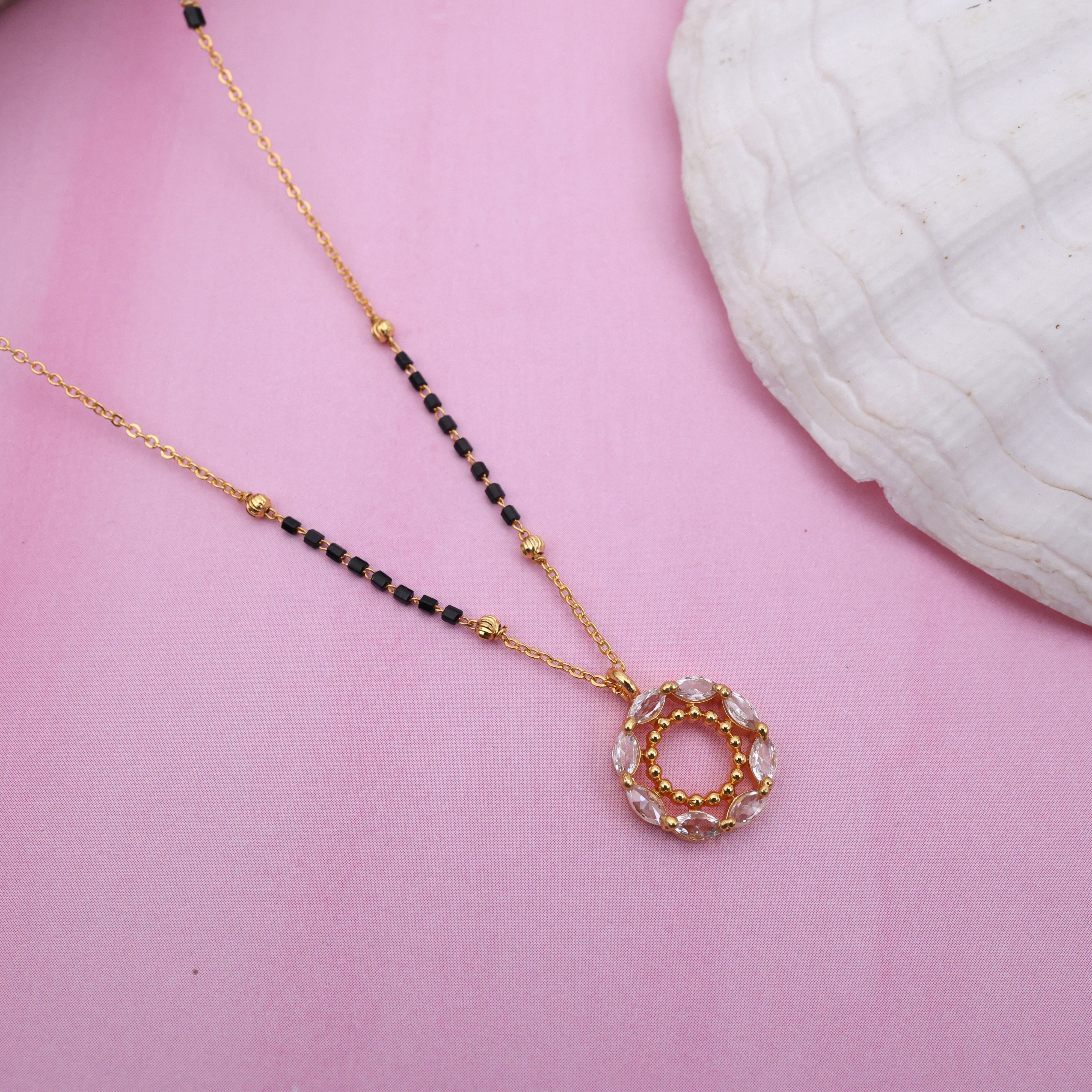 Gold Tone Premium Round Zircon Pendant Black Beads Chain