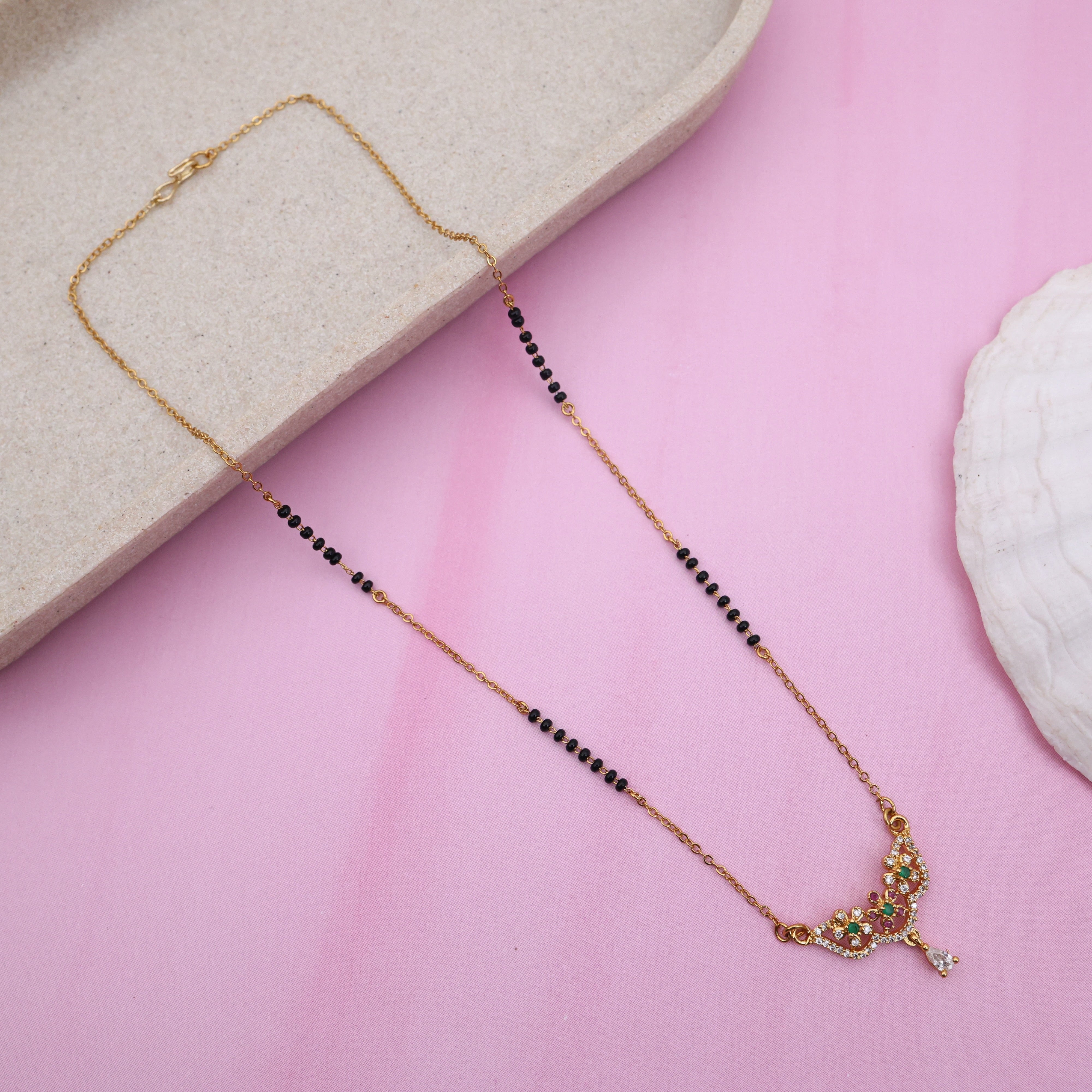 Gold Tone Black Beads Floral Pendant Mangalsutra