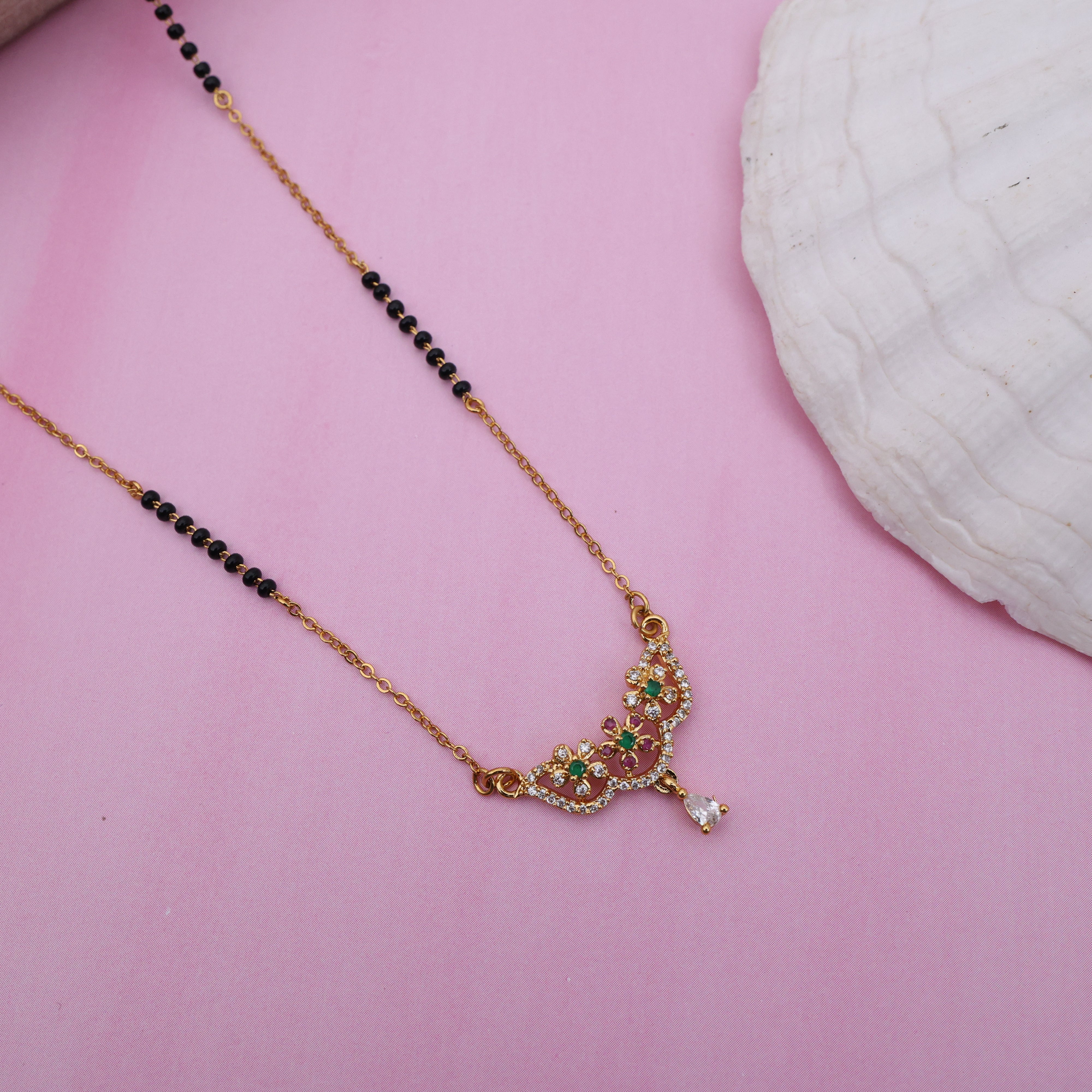 Gold Tone Black Beads Floral Pendant Mangalsutra