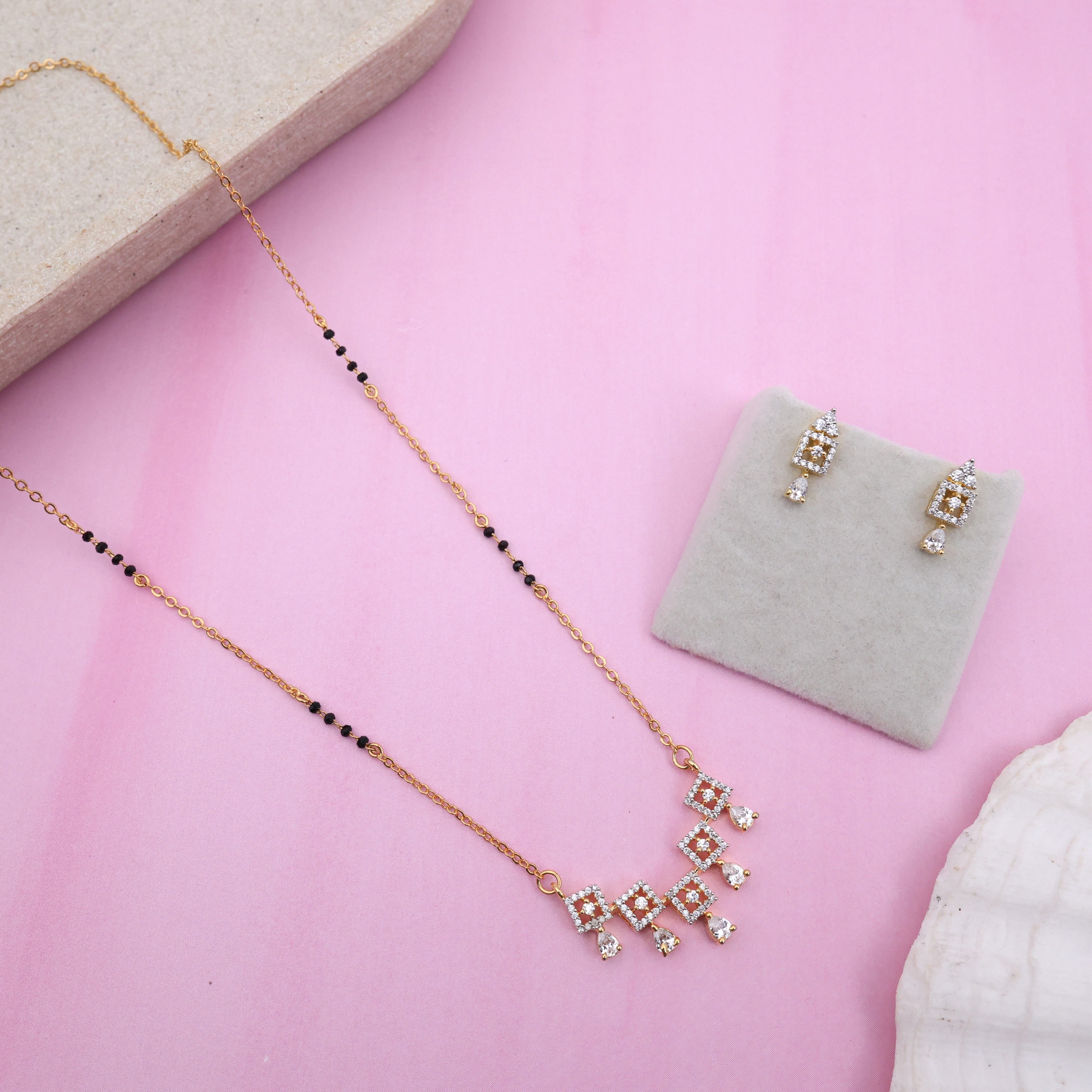 Gold Tone Five Square Pendant Mangalsutra Black Beads Chain Set