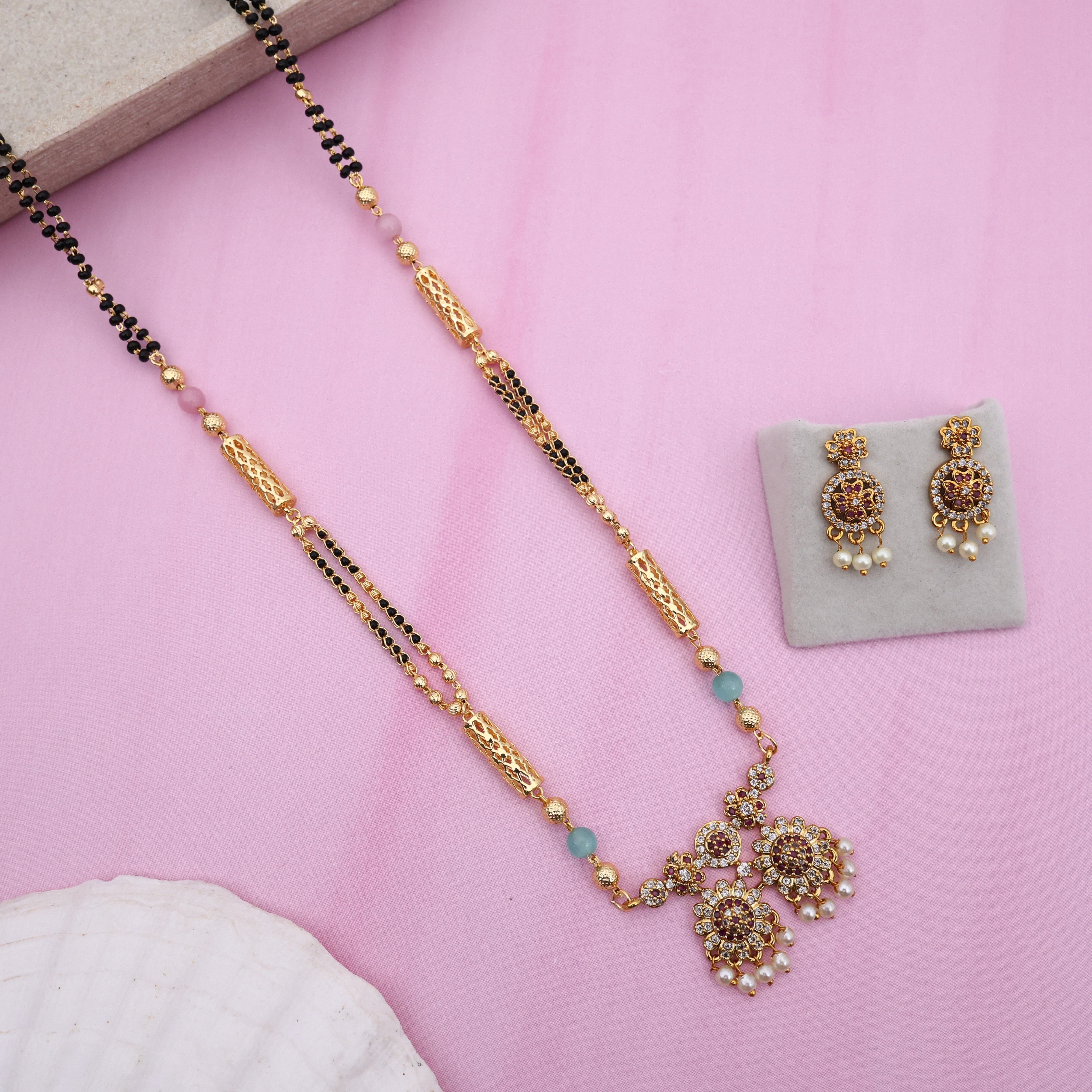 Gold Tone Premium Mangalsutra Black Beads Chain Set