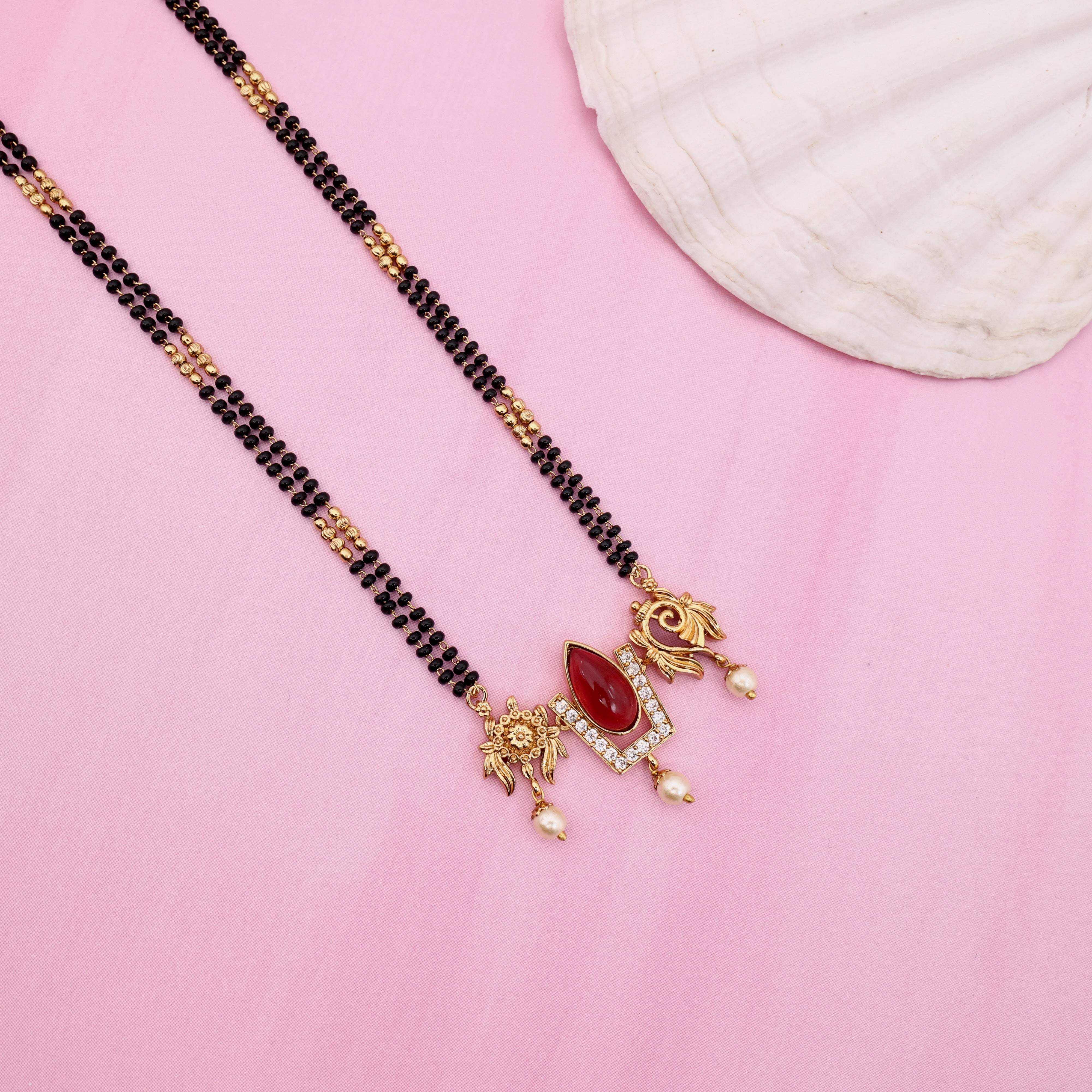 Premium Thiruman Pendant Long Black Beads Mangalsutra Chain - Ruby