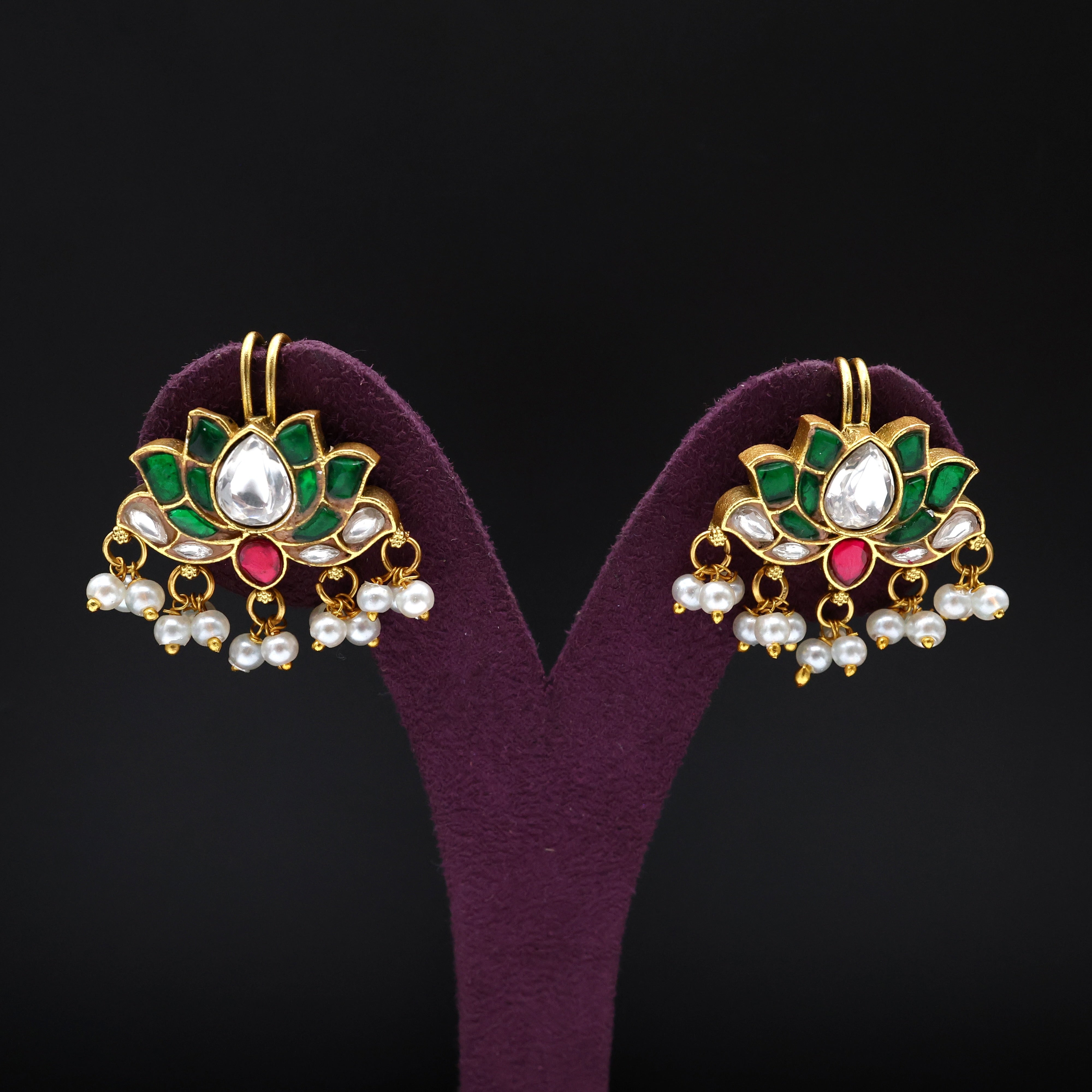 Premium Jadau Kundan Lotus Bugadi/Koppu Earrings (Can also be used as hair accessory)