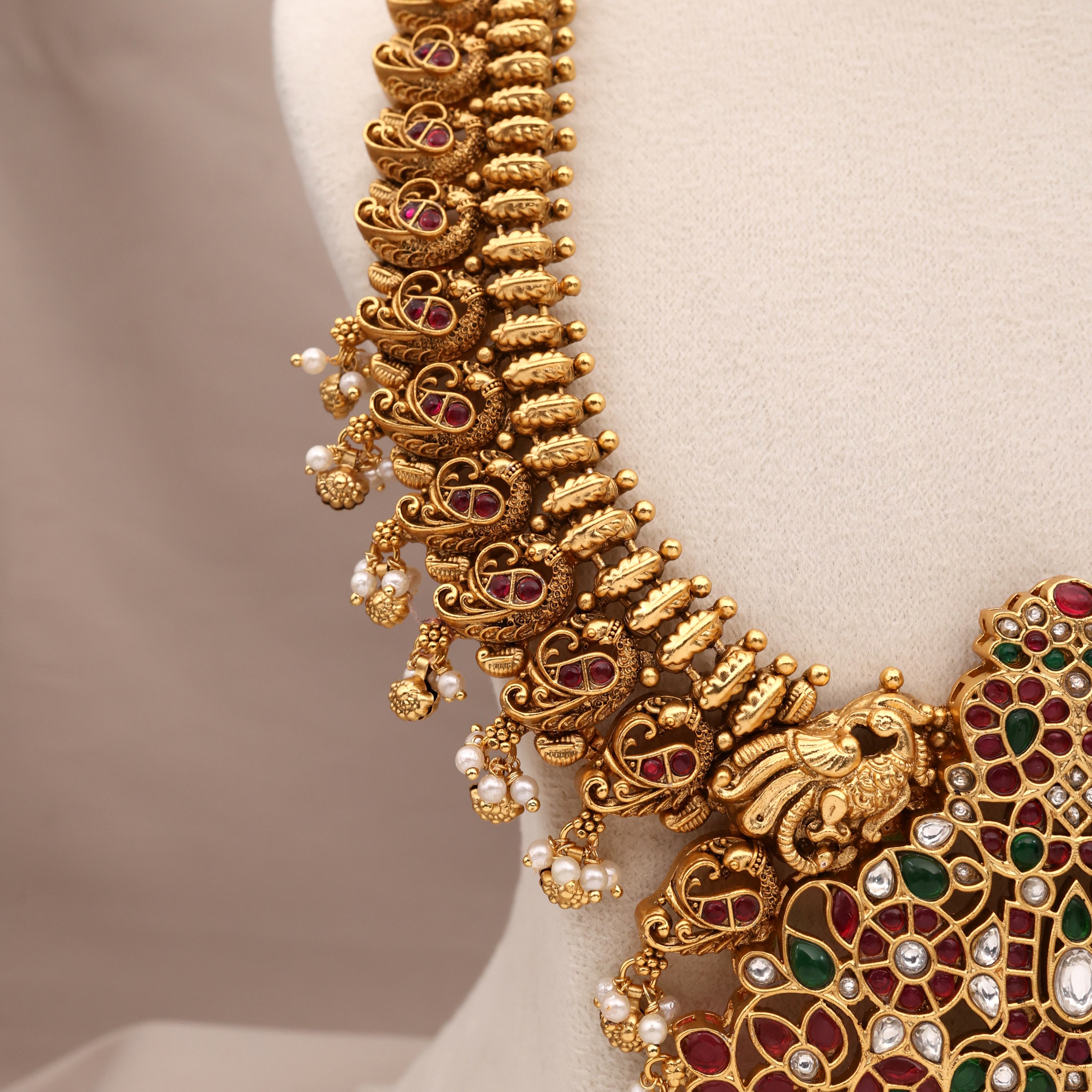 Premium Nagas Annam Kemp Kundan Thiruman Pendant Bridal Haaram Set