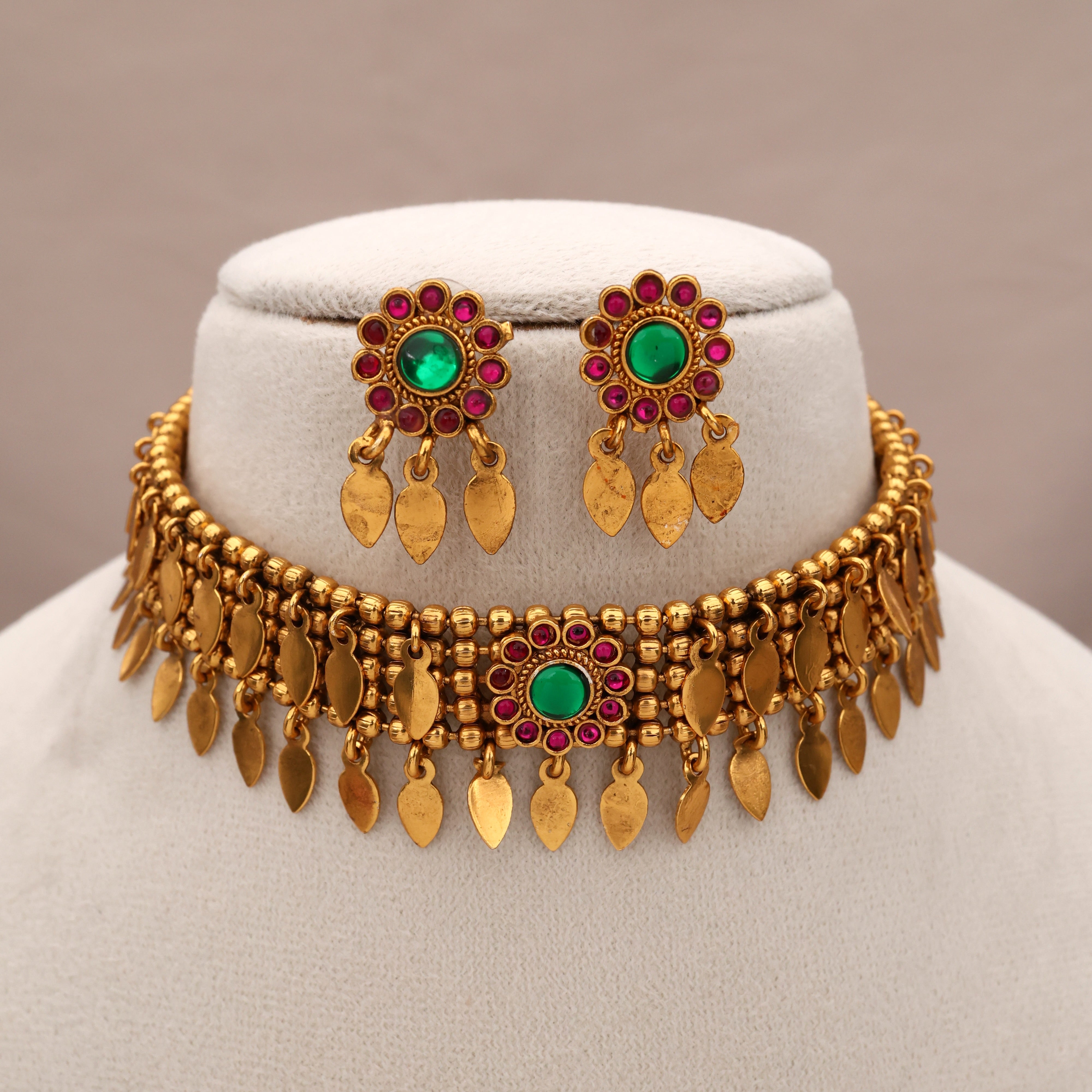 Antique Double Layer Kemp Flower Elakkathali Kerala Choker Necklace Set