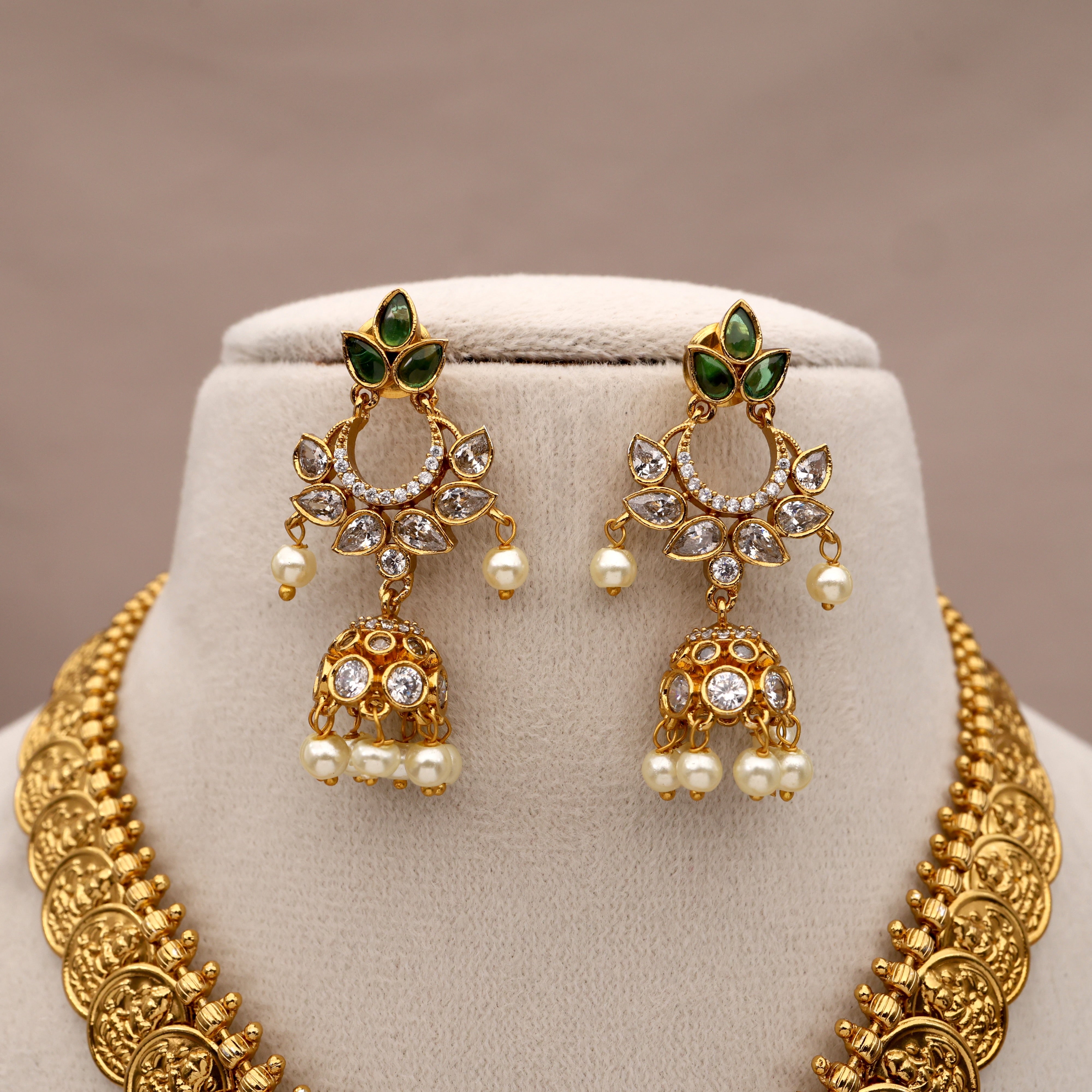 Gold Look Jhumka Pendant Lakshmi Kaasu Necklace Set