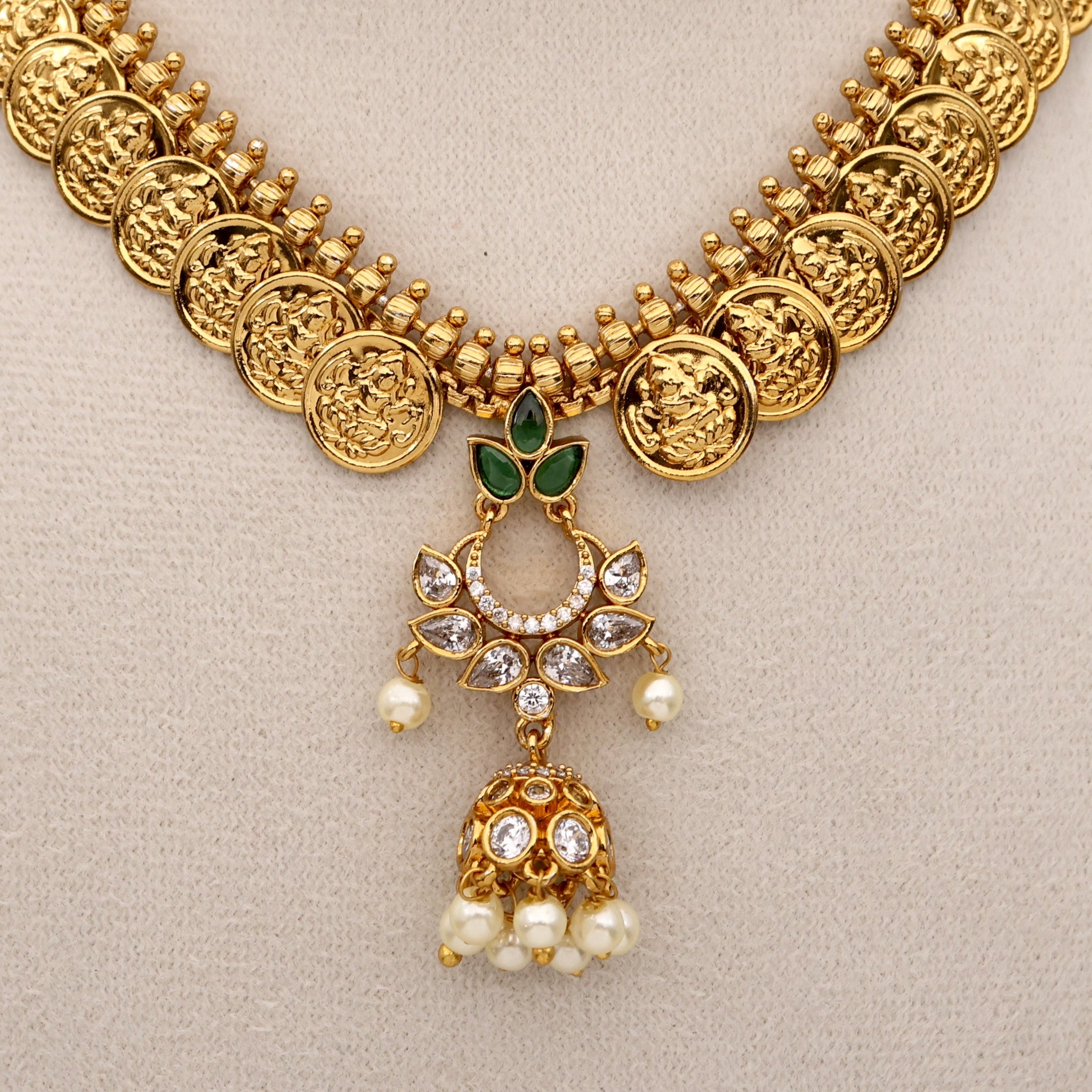 Gold Look Jhumka Pendant Lakshmi Kaasu Necklace Set