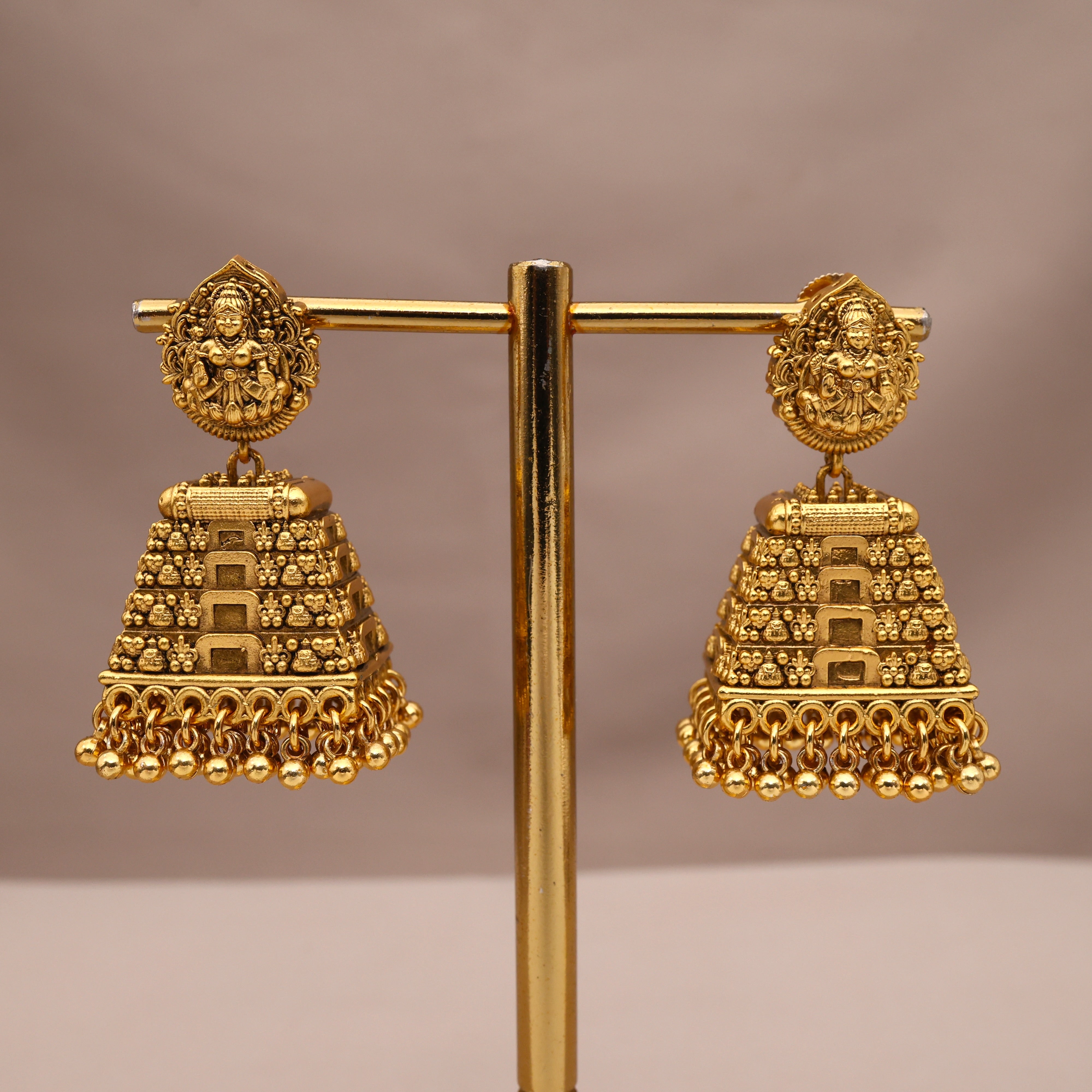 Antique Real Gold Look Premium Lakshmi Gopuram Jhumkas