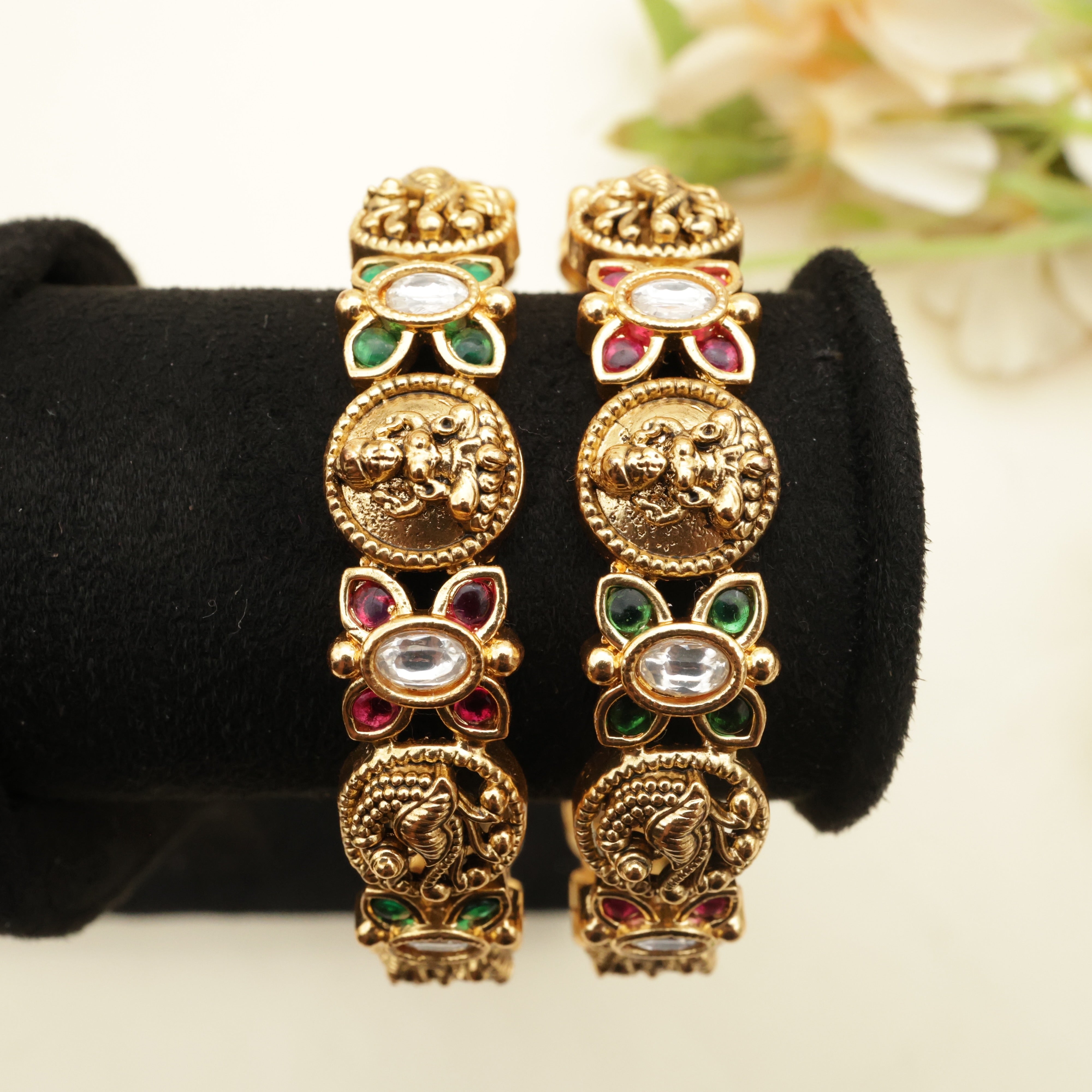 Antique Gold Nagas Lakshmi Coin Kemp Bangles - Size 2.6