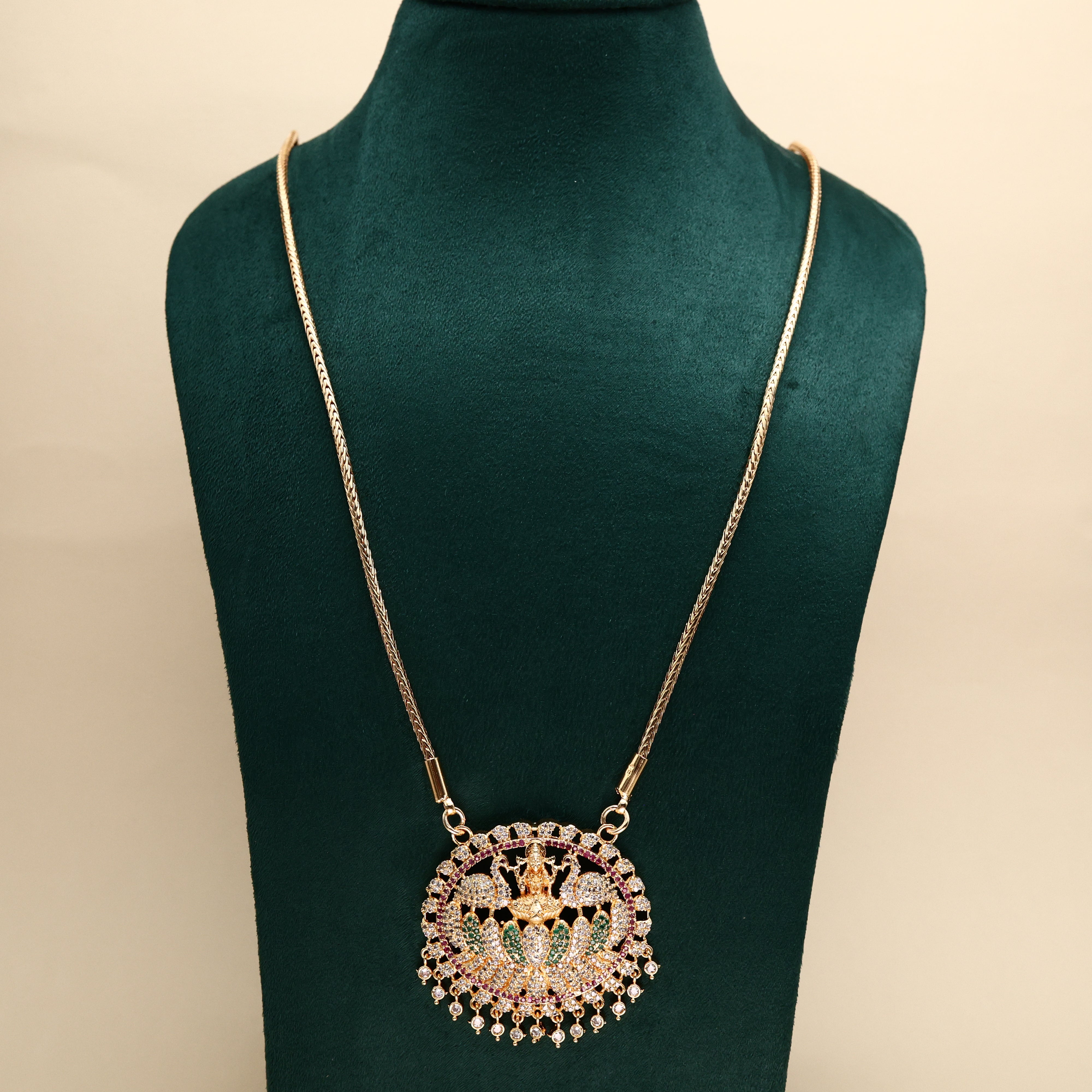 Real Gold Tone Traditional Mahalakshmi Devi Pendant Chain - 30 Inches Chain