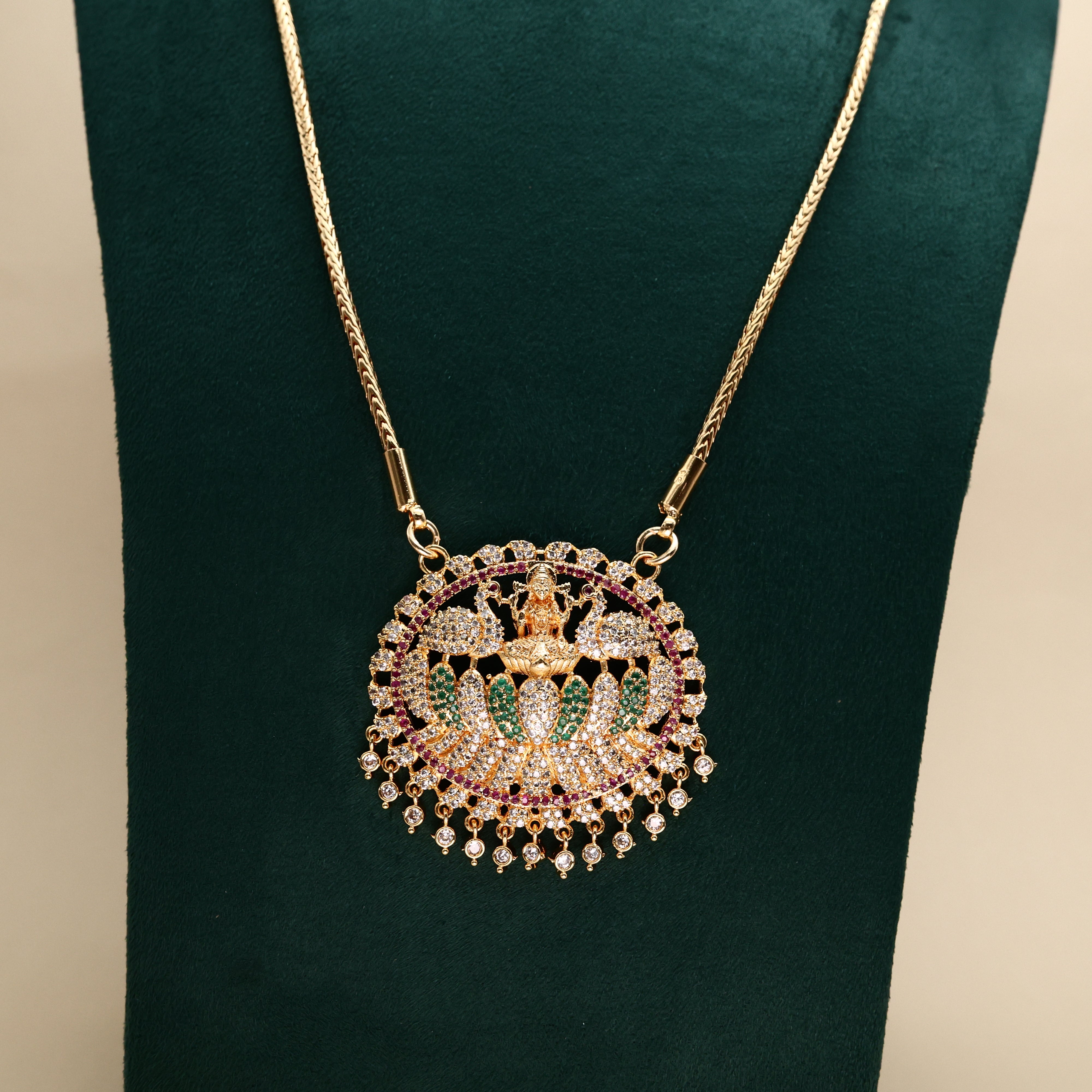 Real Gold Tone Traditional Mahalakshmi Devi Pendant Chain - 30 Inches Chain