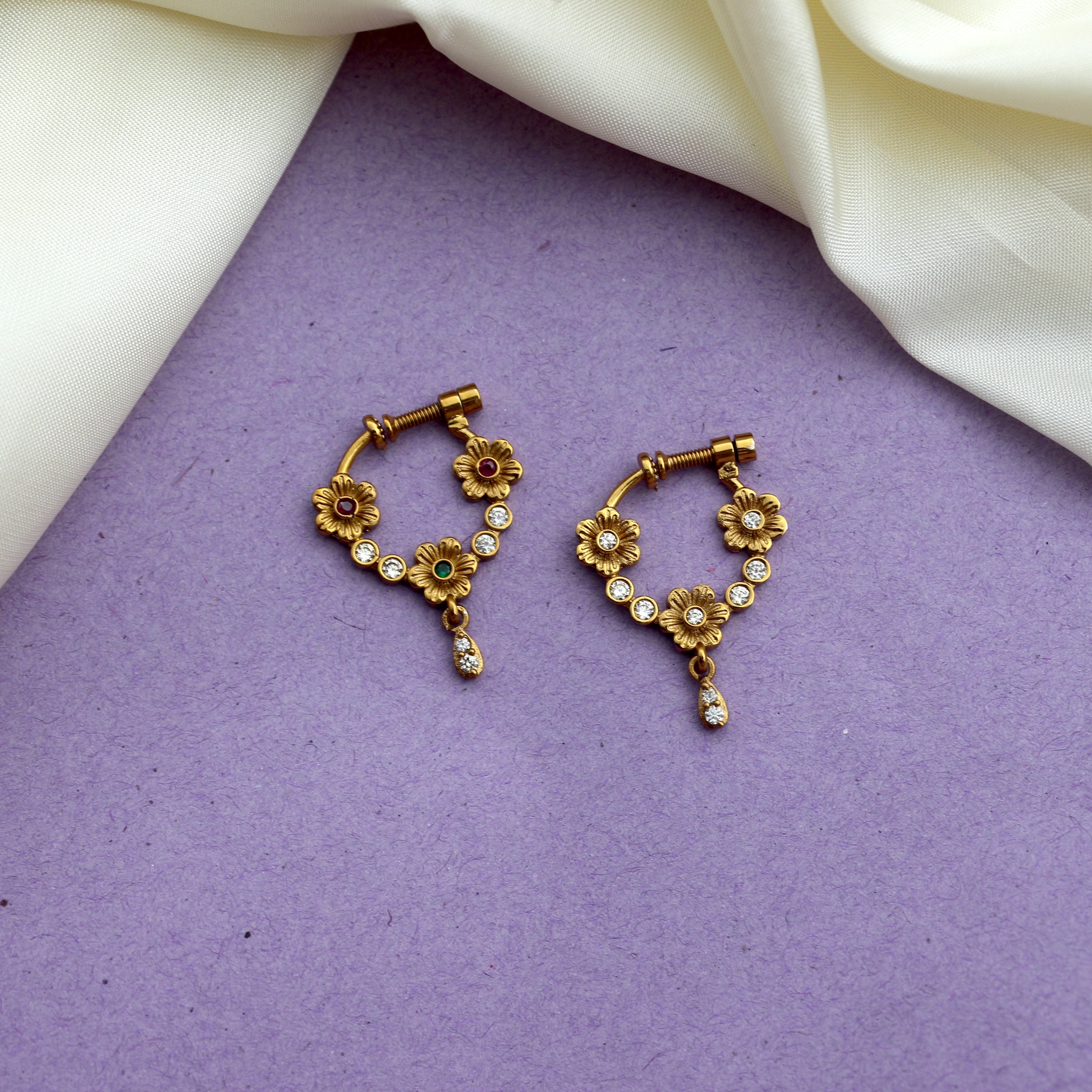 Antique Gold Matte AD Flower Bridal Nath Nose Pin