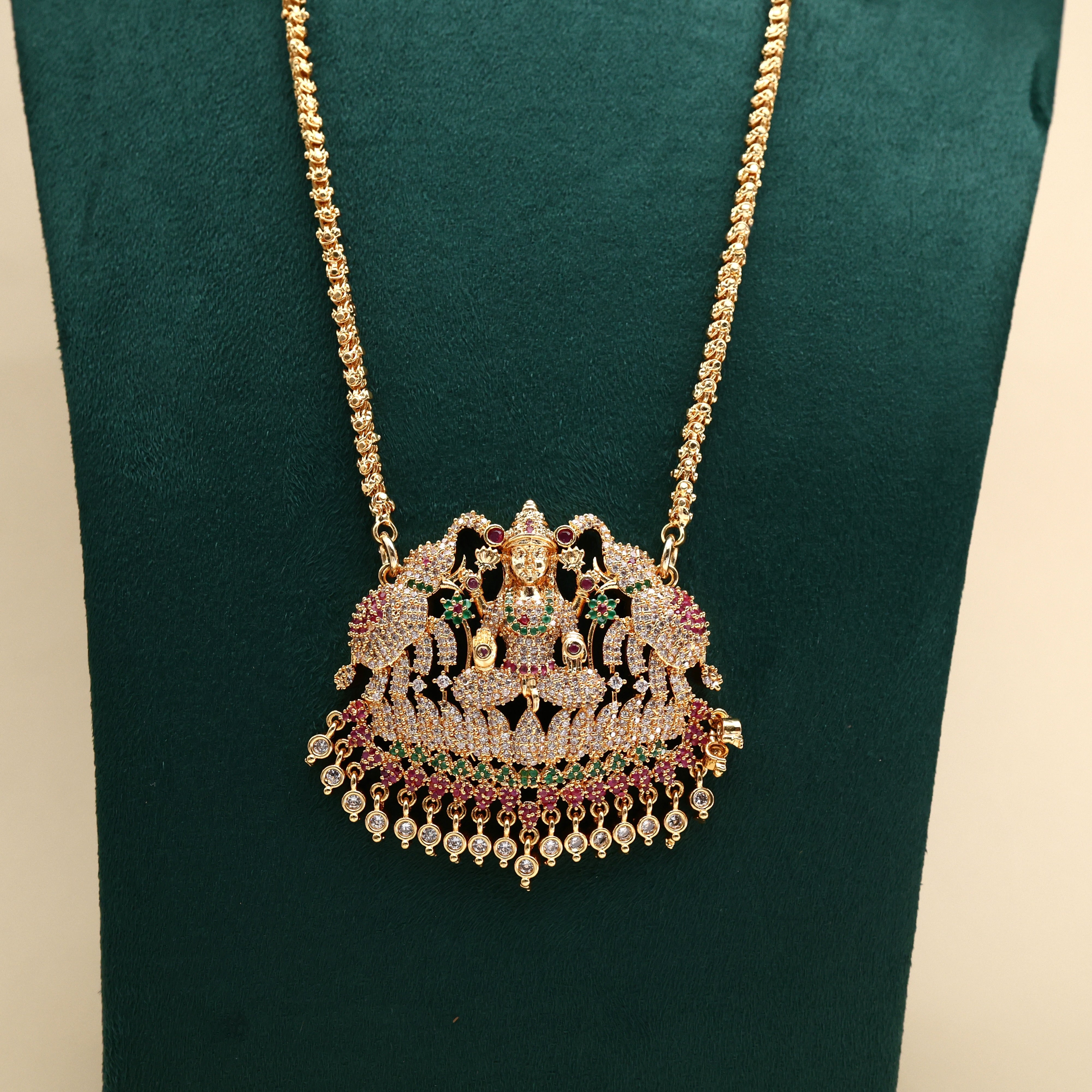 REAL GOLD TONE TRADITIONAL GAJALAKSHMI PENDANT CHAIN - 30 INCHES - MULTI