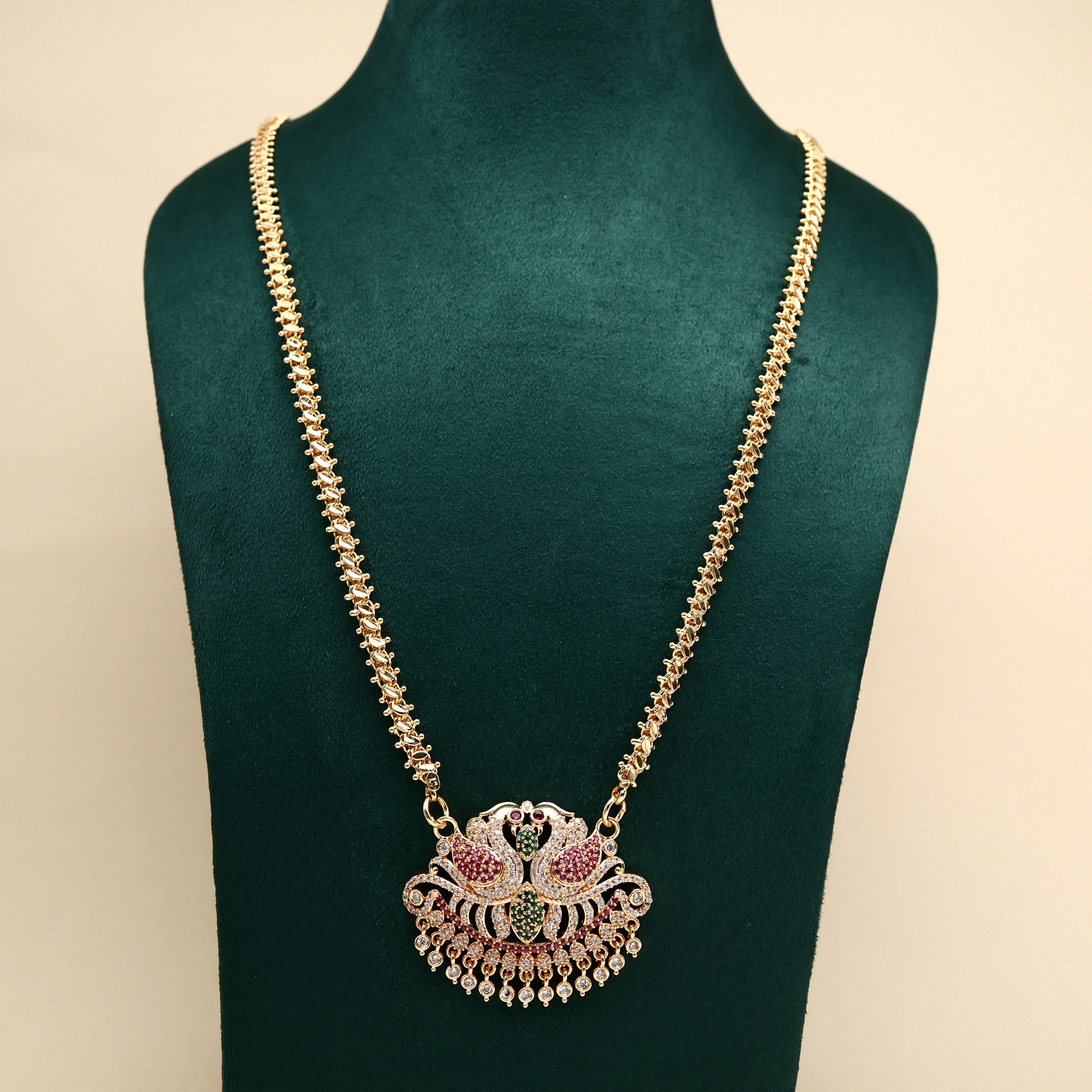 REAL GOLD TONE TRADITIONAL RETTAPAKSHI ANNAM PENDANT CHAIN - 30 INCHES