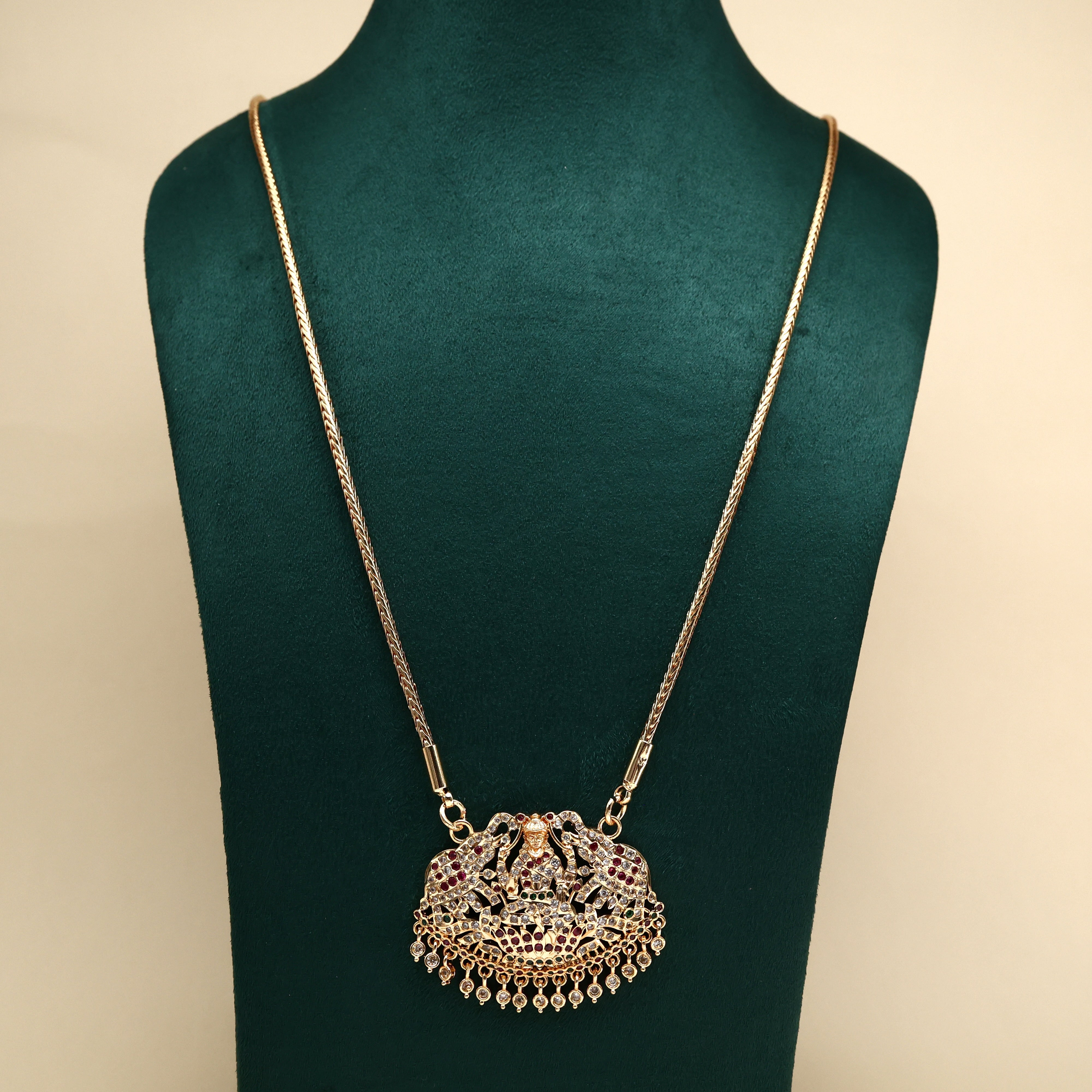 Real Gold Tone Traditional Mahalakshmi Pendant Chain - 30 Inches Chain