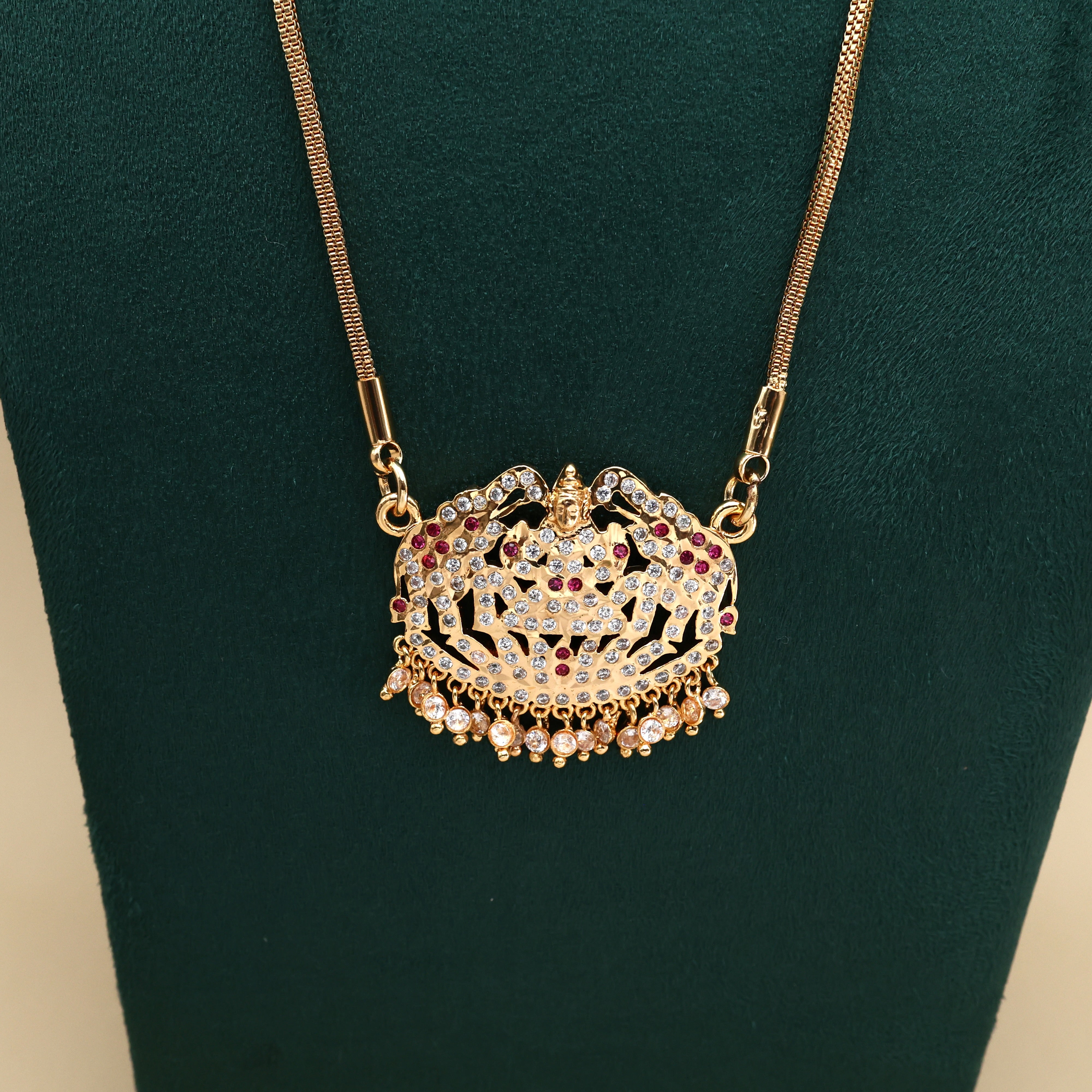 Real Gold Tone Traditional Big Gajalakshmi Pendant Chain - 30 Inches Chain