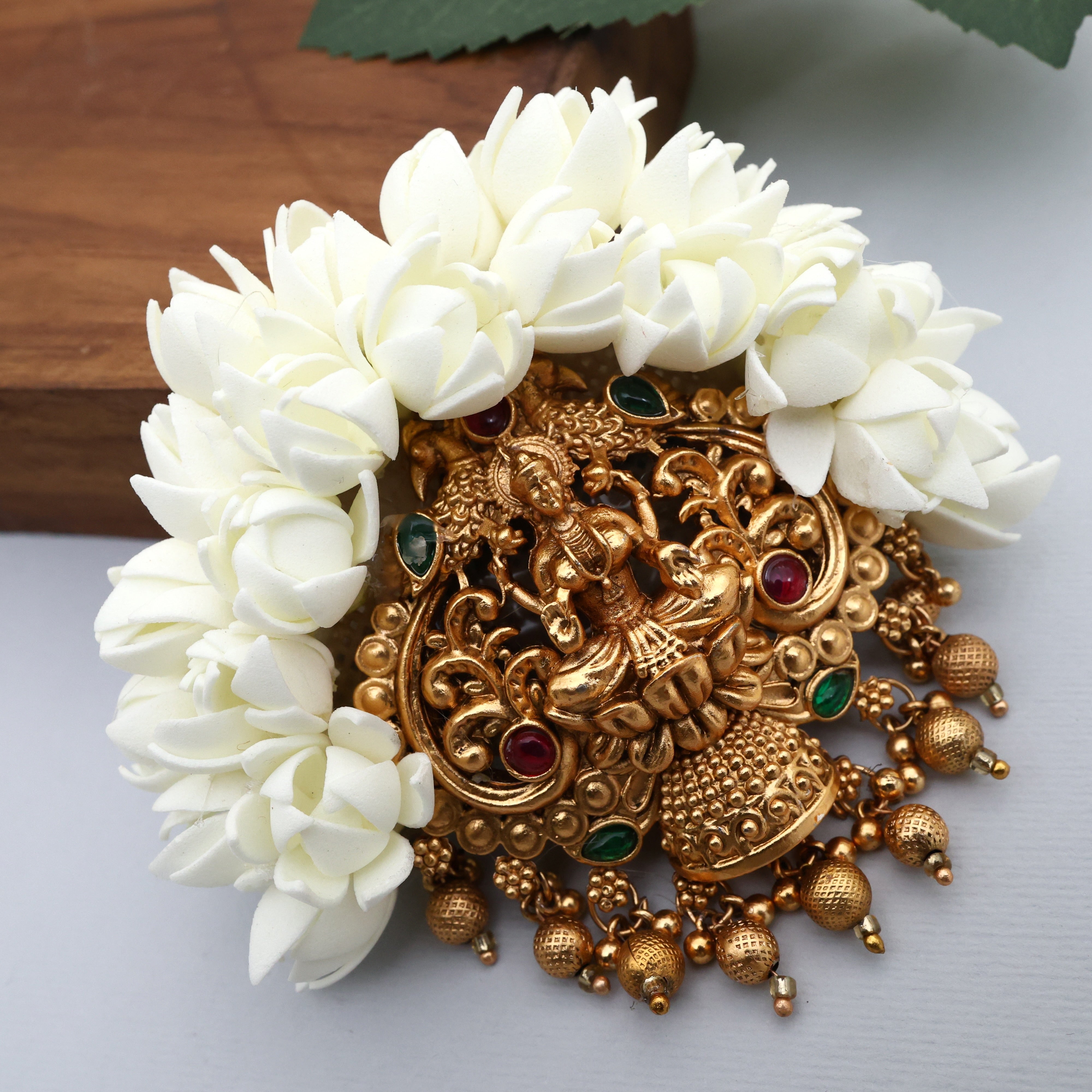Antique Matte Lakshmi Pendant Bloomed Jasmine French Barrette Hair Clip