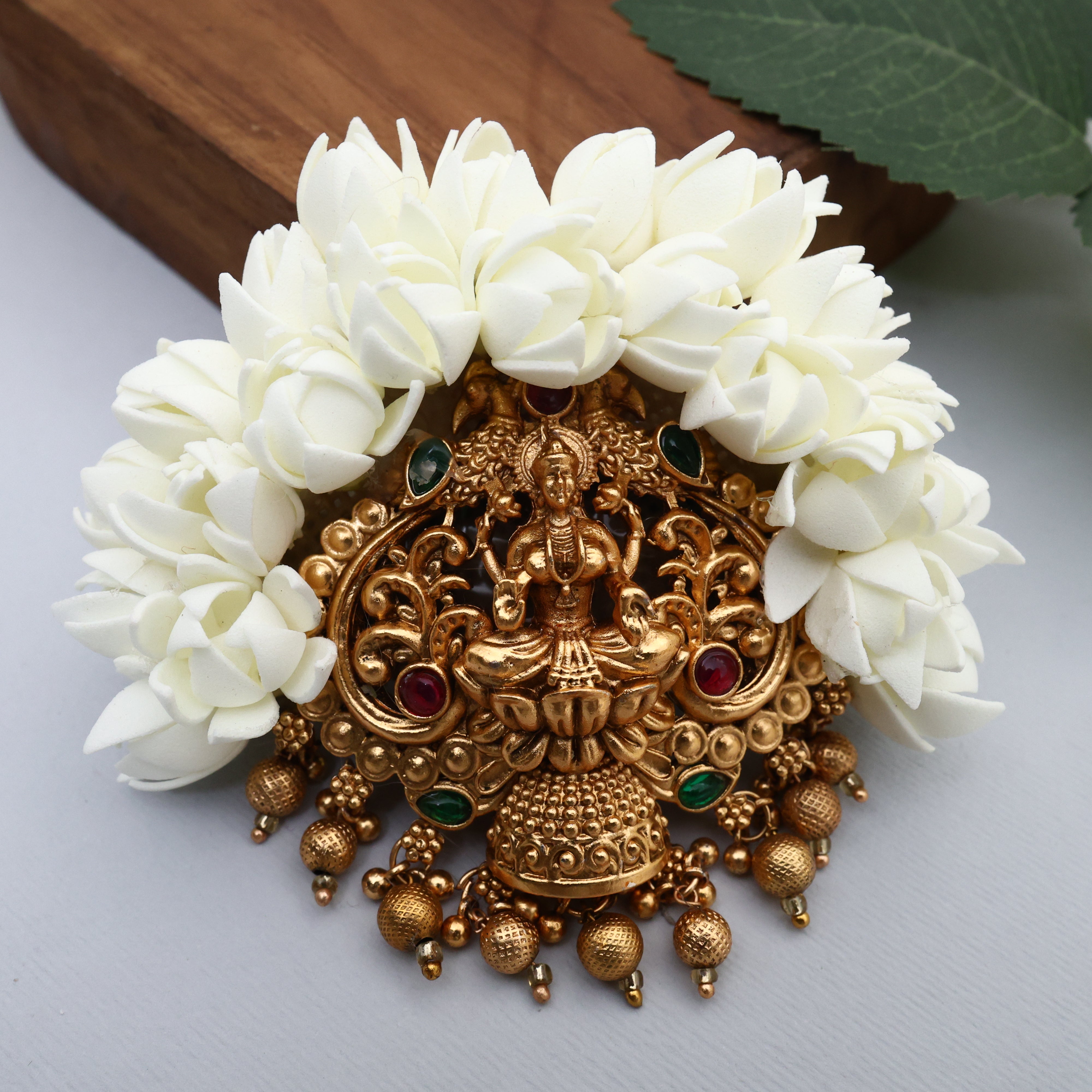 Antique Matte Lakshmi Pendant Bloomed Jasmine French Barrette Hair Clip