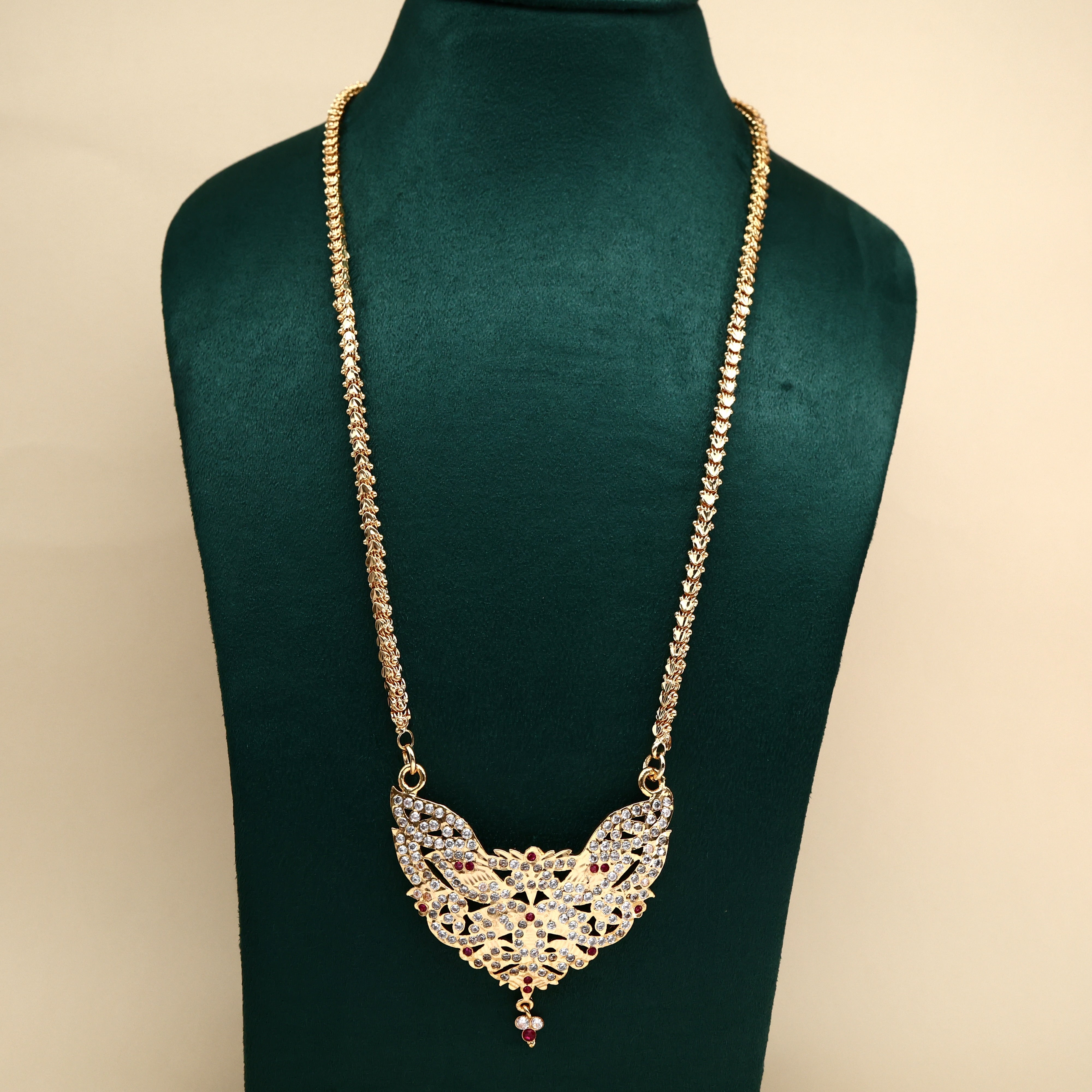 Real Gold Tone Traditional Big Rettapakshi Pendant Chain - 30 Inches Chain