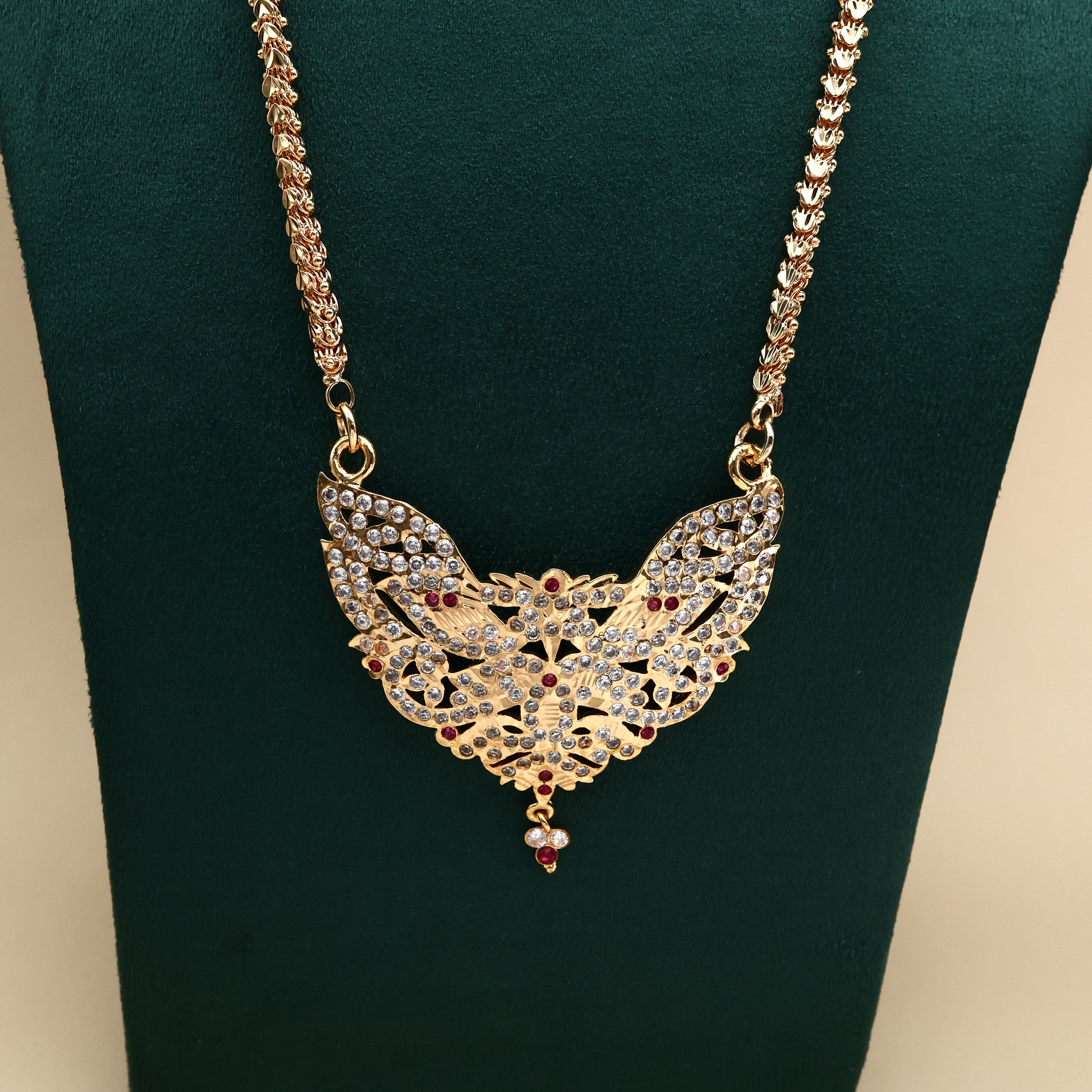 Real Gold Tone Traditional Big Rettapakshi Pendant Chain - 30 Inches Chain