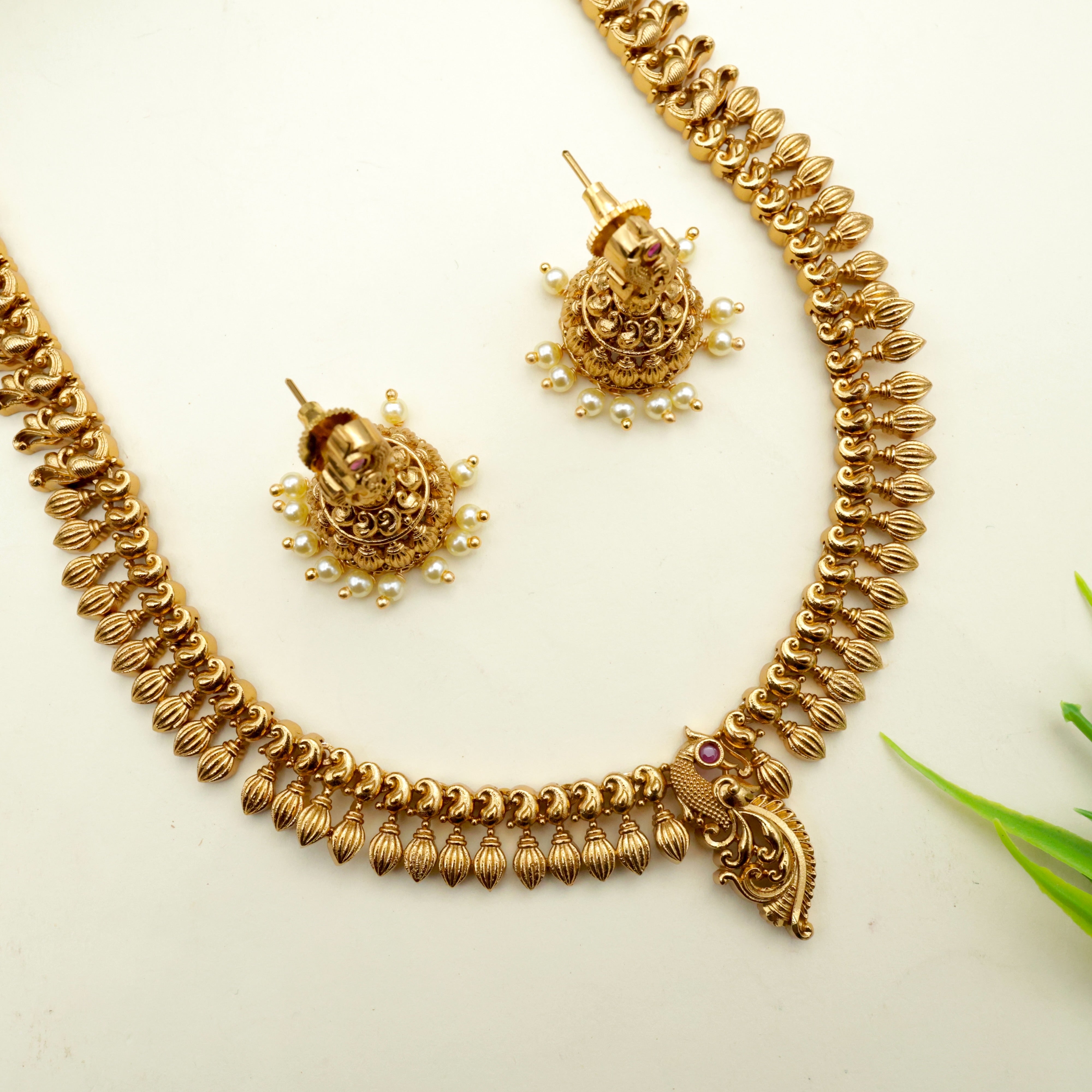 Real Gold Look Antique Nagas Long Kemp Mayoora Necklace Set