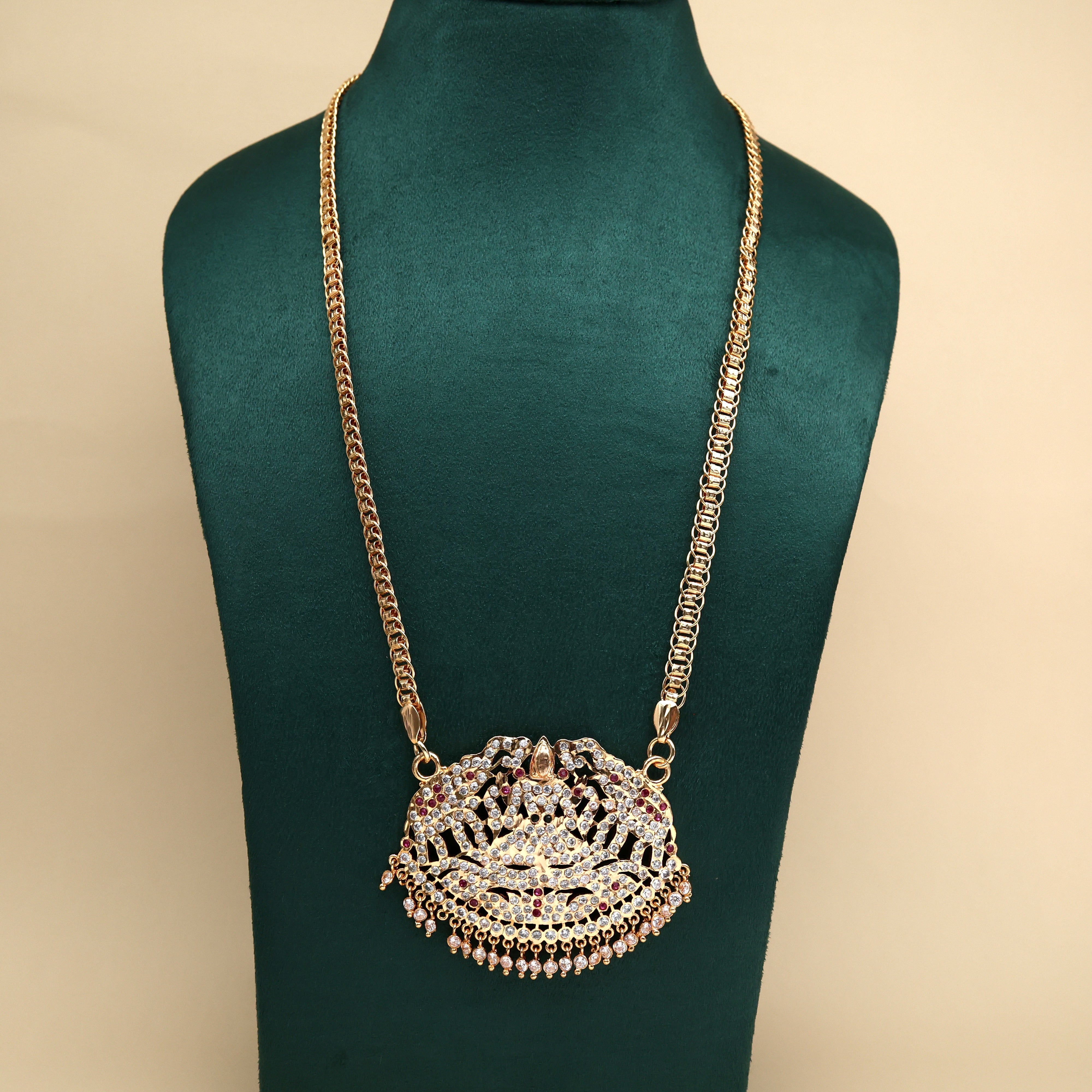 Real Gold Tone Beautiful Traditional Big Lakshmi Devi Pendant Chain - 30 Inches Chain