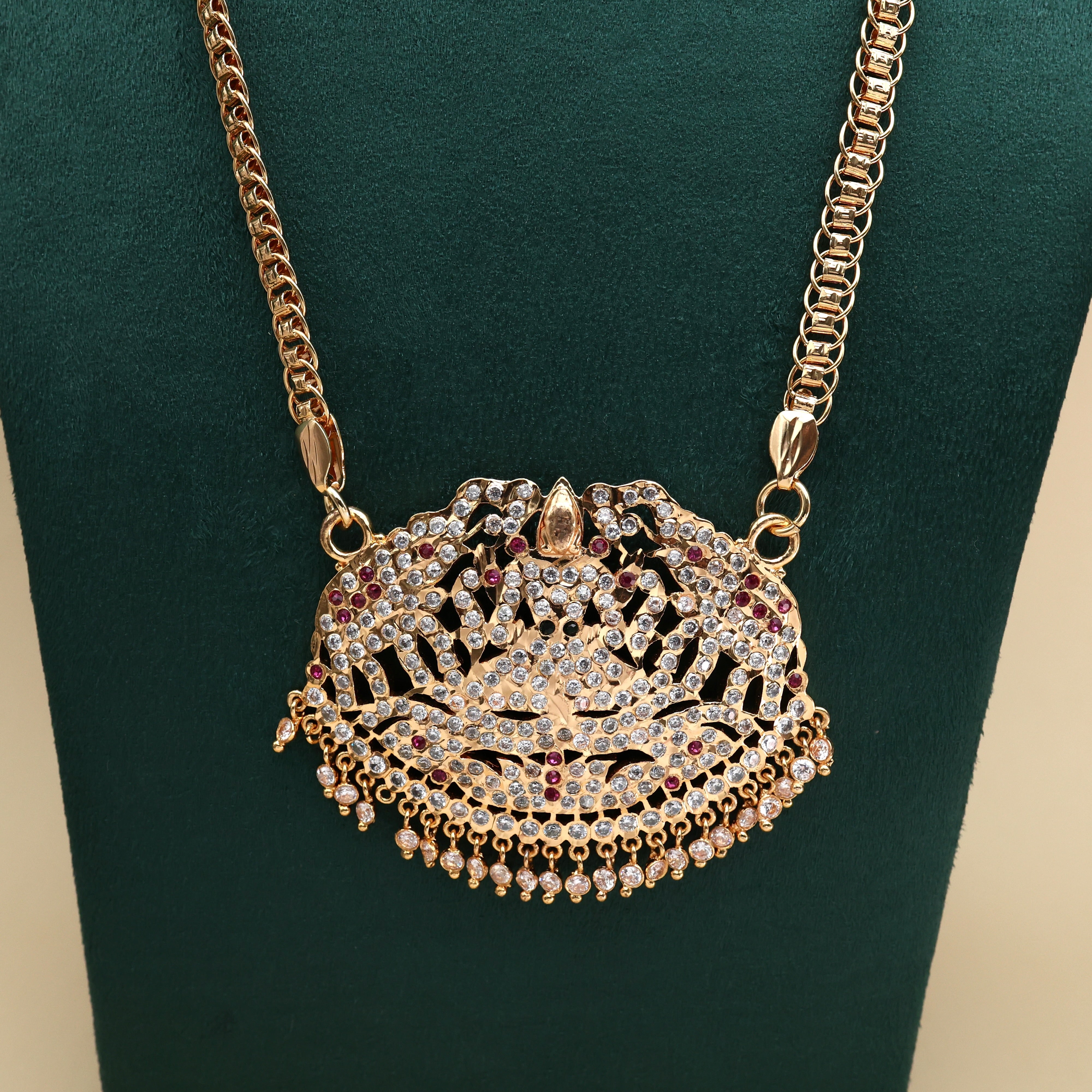 Real Gold Tone Beautiful Traditional Big Lakshmi Devi Pendant Chain - 30 Inches Chain