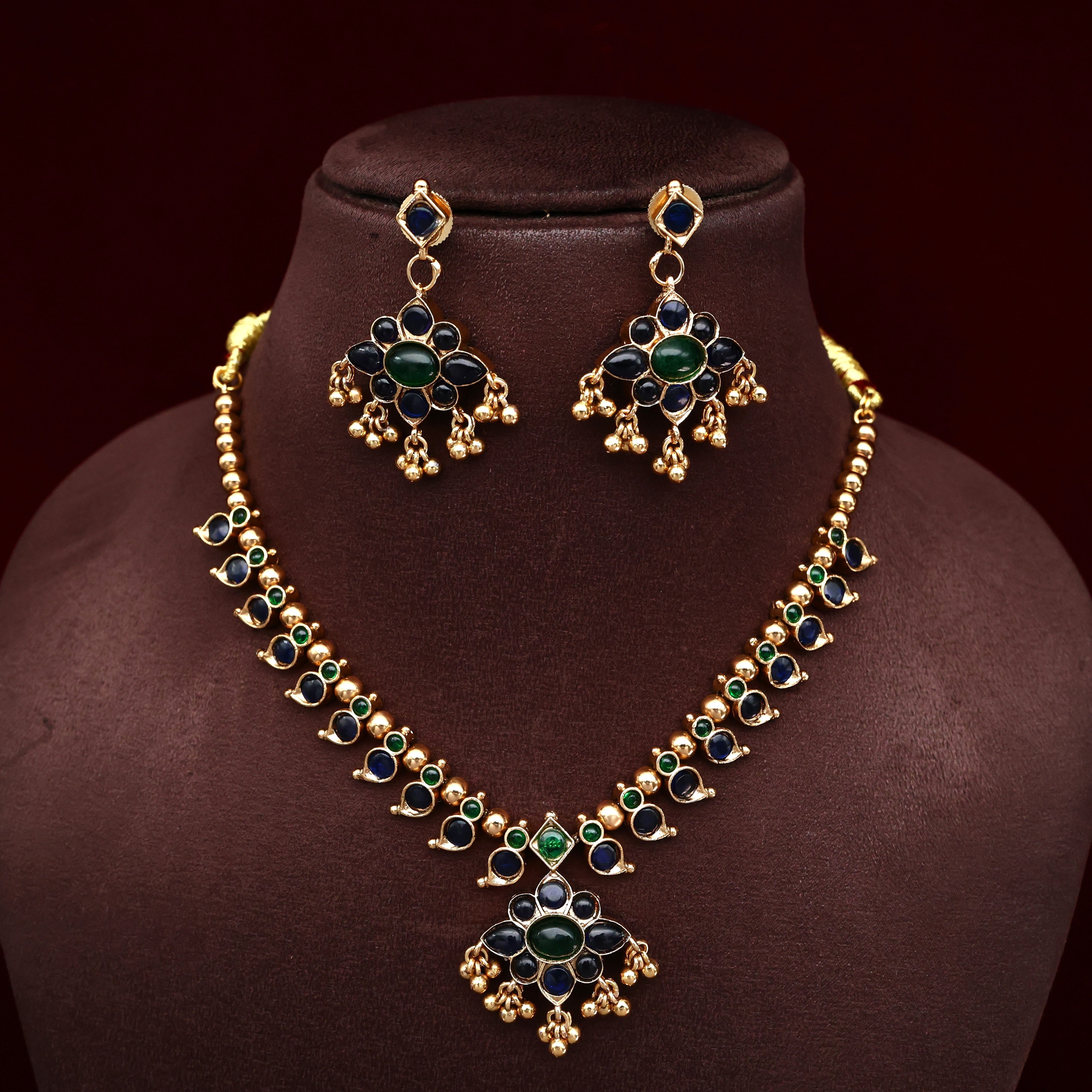 Premium Kemp Reversible Mango Flower Pendant Necklace Set - Green & Blue