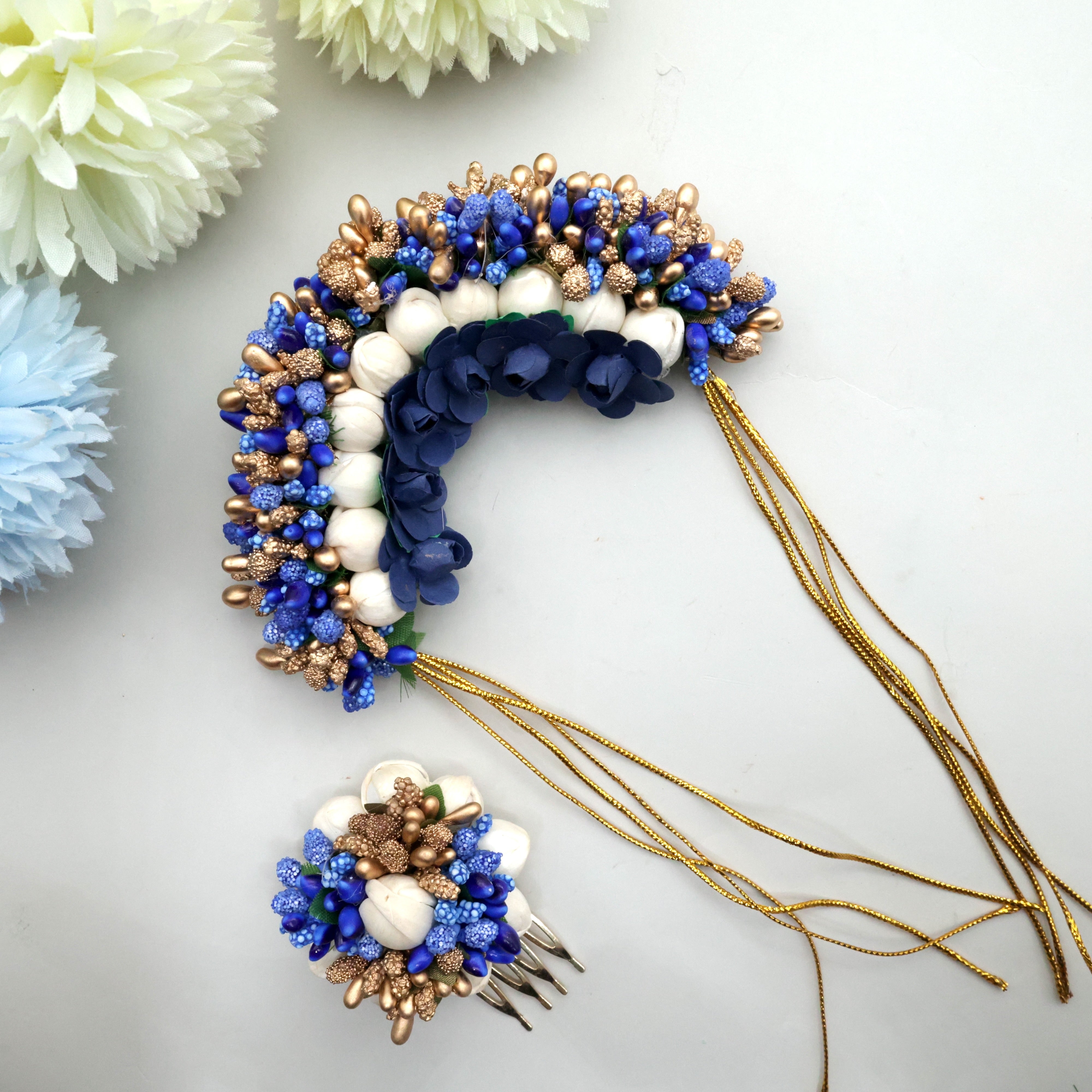 Handmade Pollen Jasmine Rose Mini Bridal Veni with Jasmine Pollen Comb - Dark Blue