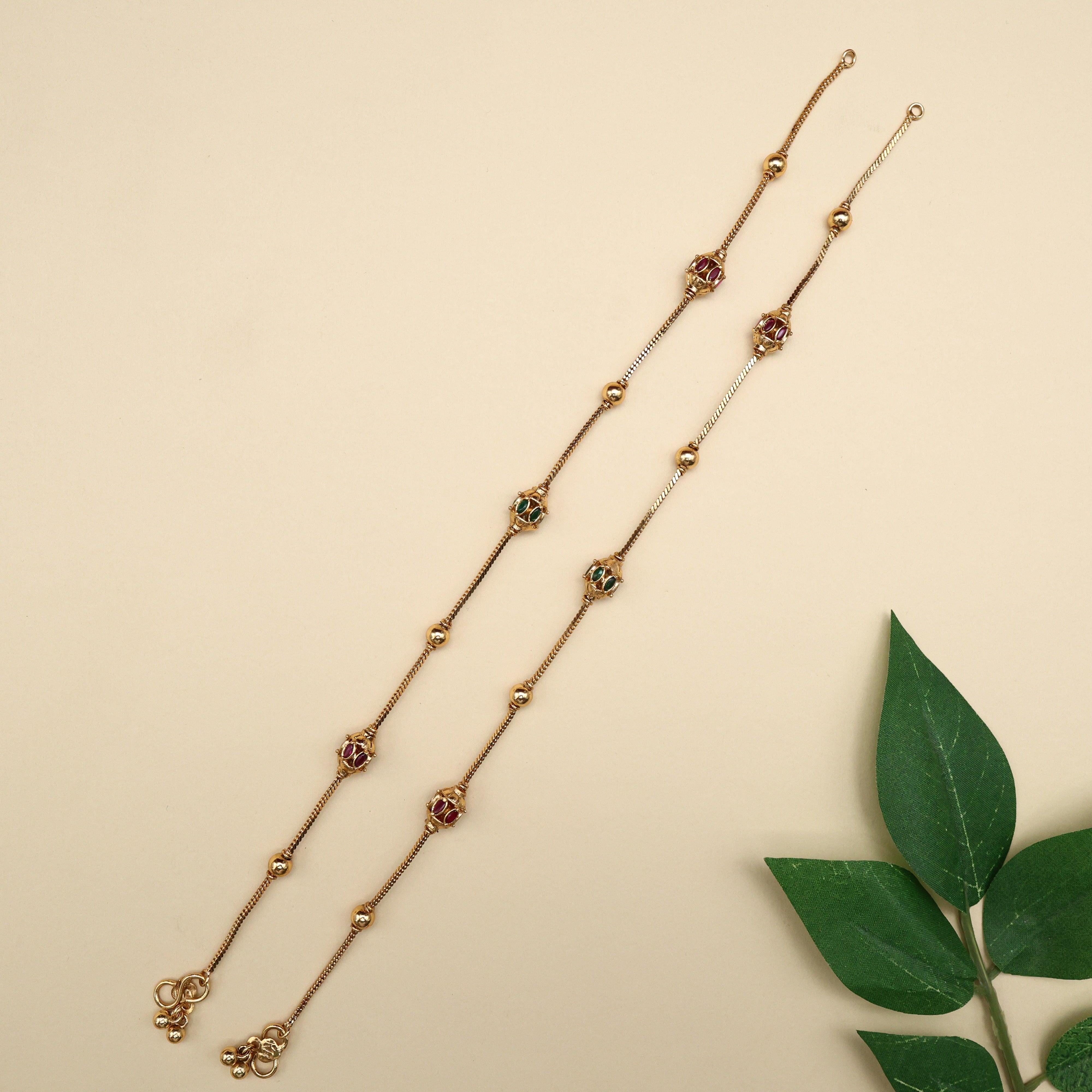 Gold Tone Antique Kemp Oval Balls Anklets/Payal - 10.5 inches