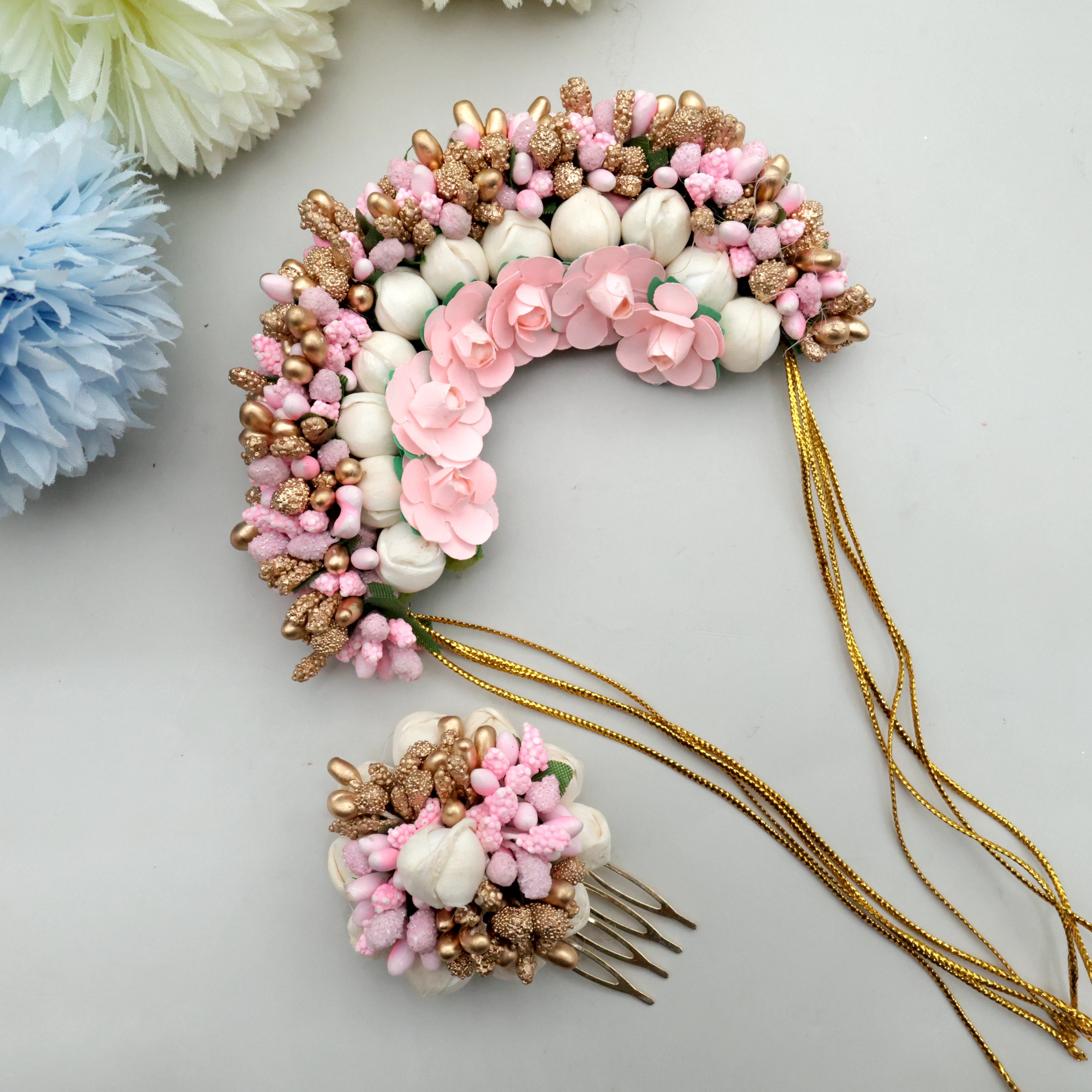 Handmade Pollen Jasmine Rose Mini Bridal Veni with Jasmine Pollen Comb - Baby Pink