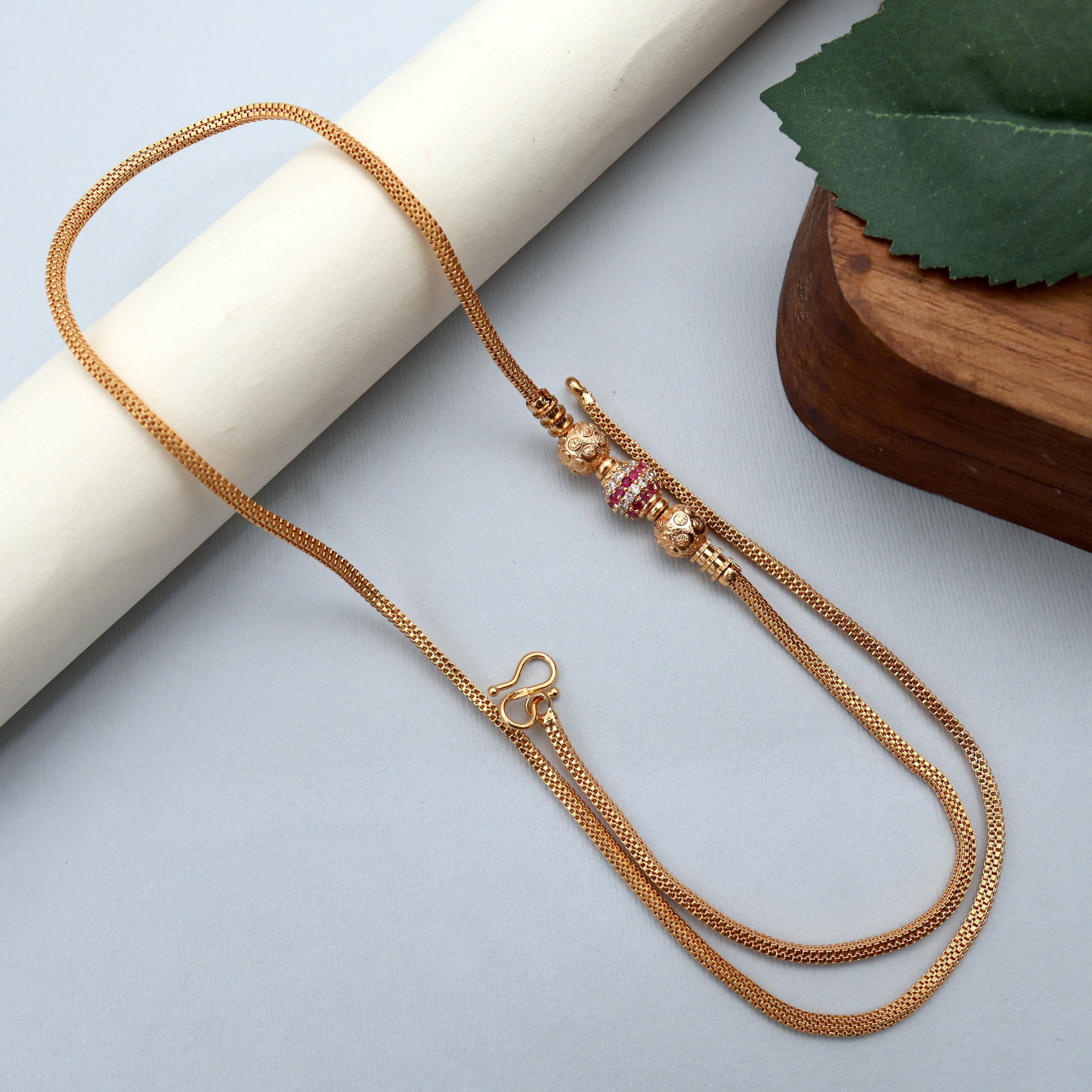 Gold Tone AD Gold Balls Mugappu/Mogappu Chain - White & Ruby