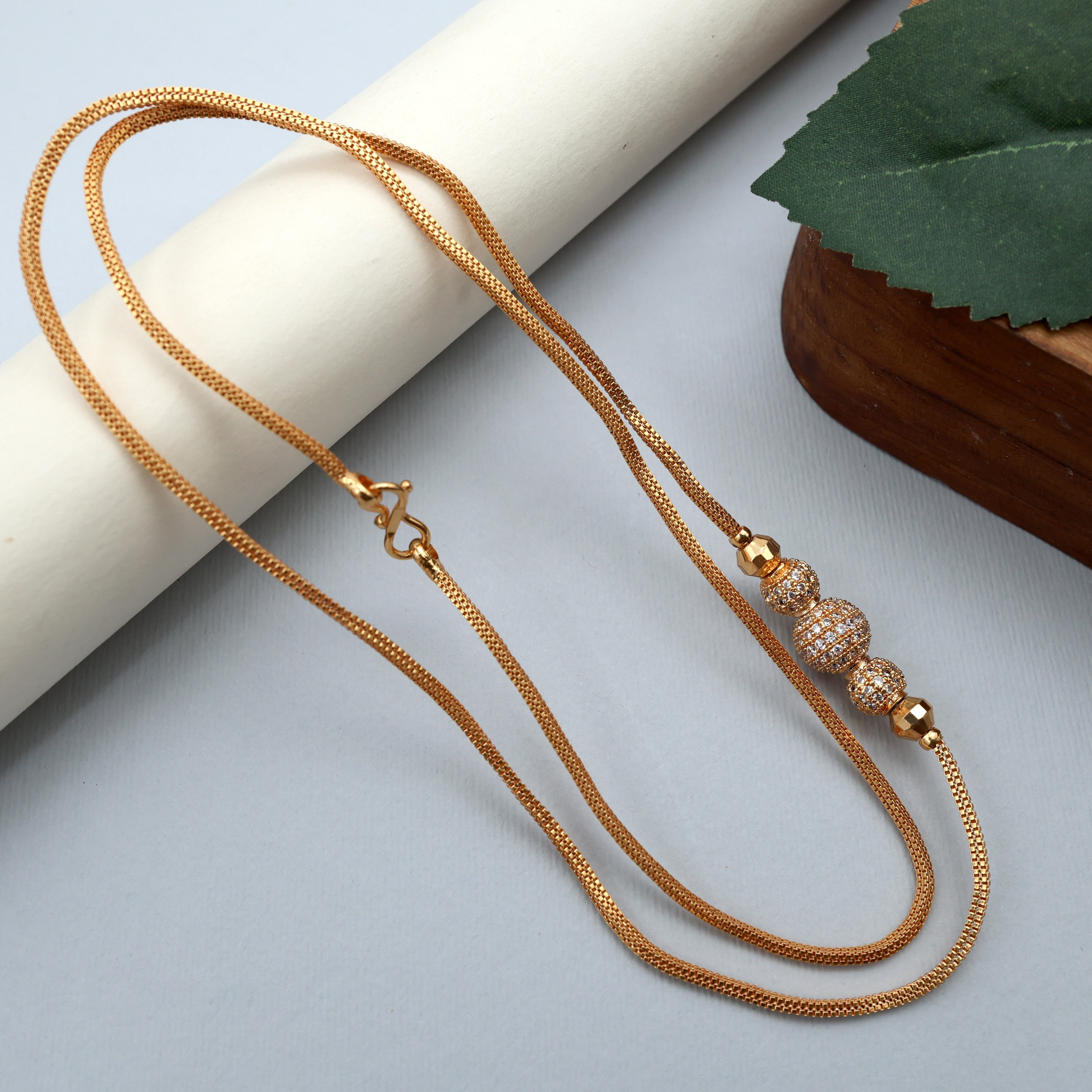 Diamond Look Gold Tone 3 Balls with Big Gundu Beads Mugappu/Mogappu Chain - White