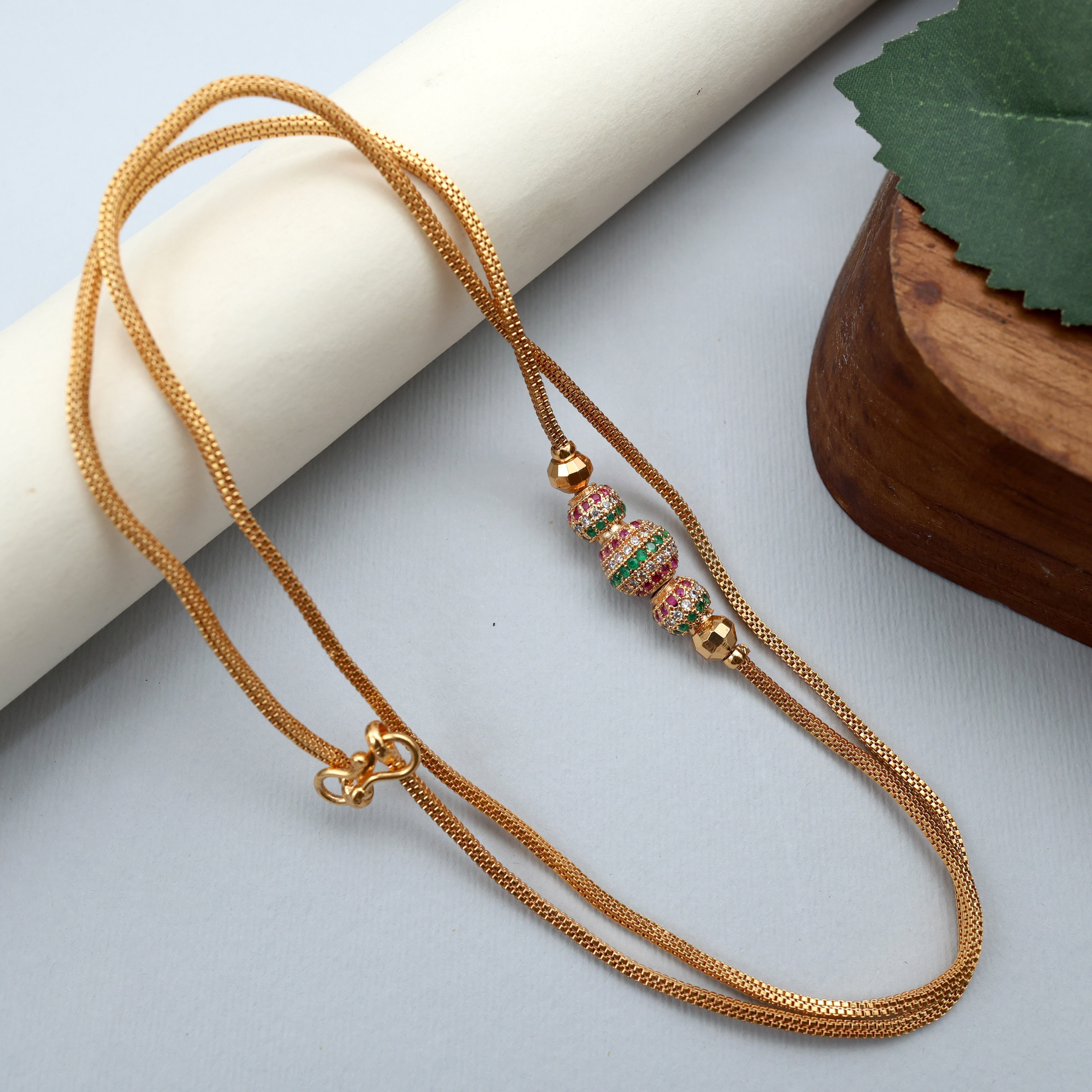 Real Gold Tone Diamond Look 3 Big Balls with Gundu Beads Mugappu/Mogappu Chain - Multi