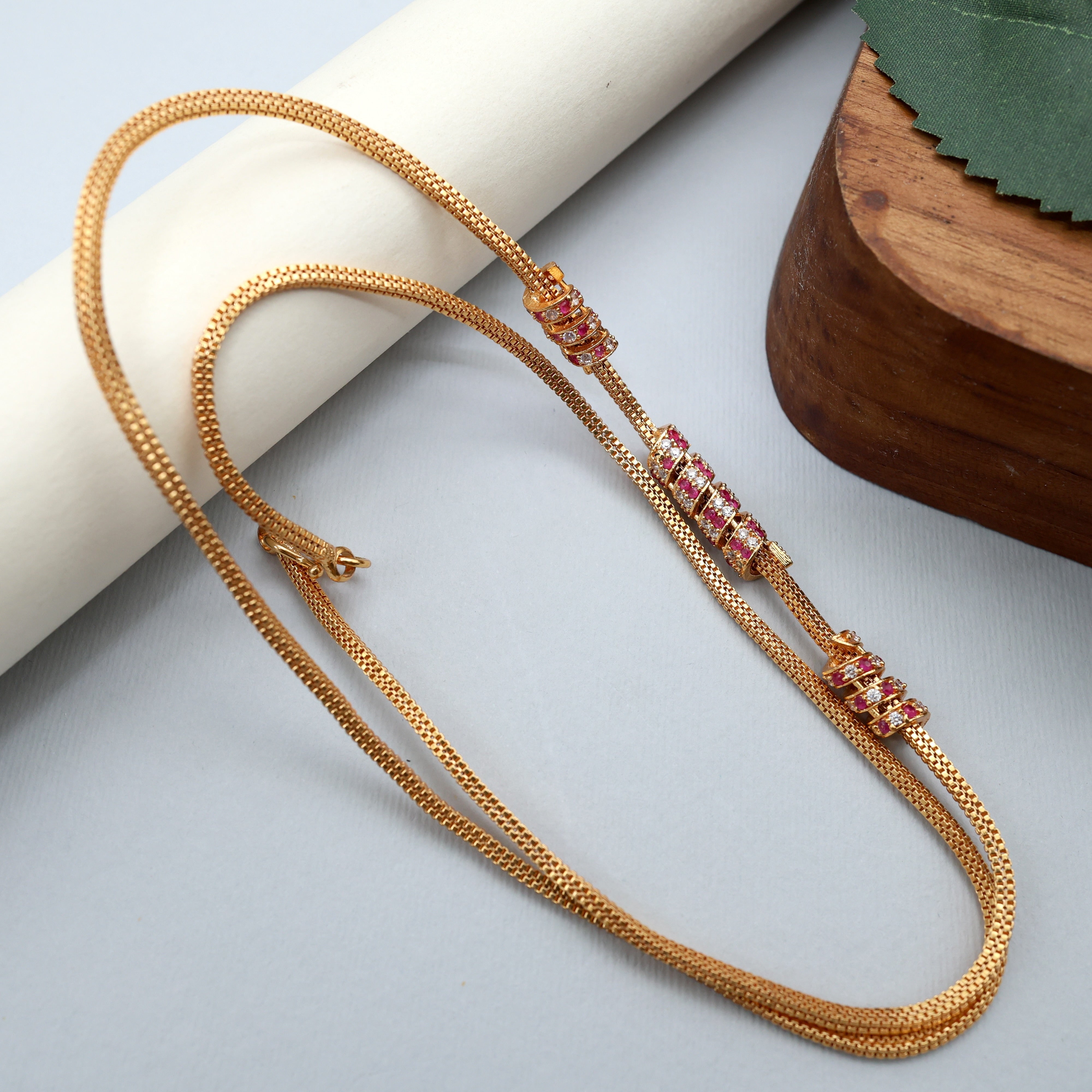 Gold Tone 3 Spiral Bits Diamond Look Mugappu/Mogappu Chain - White & Ruby