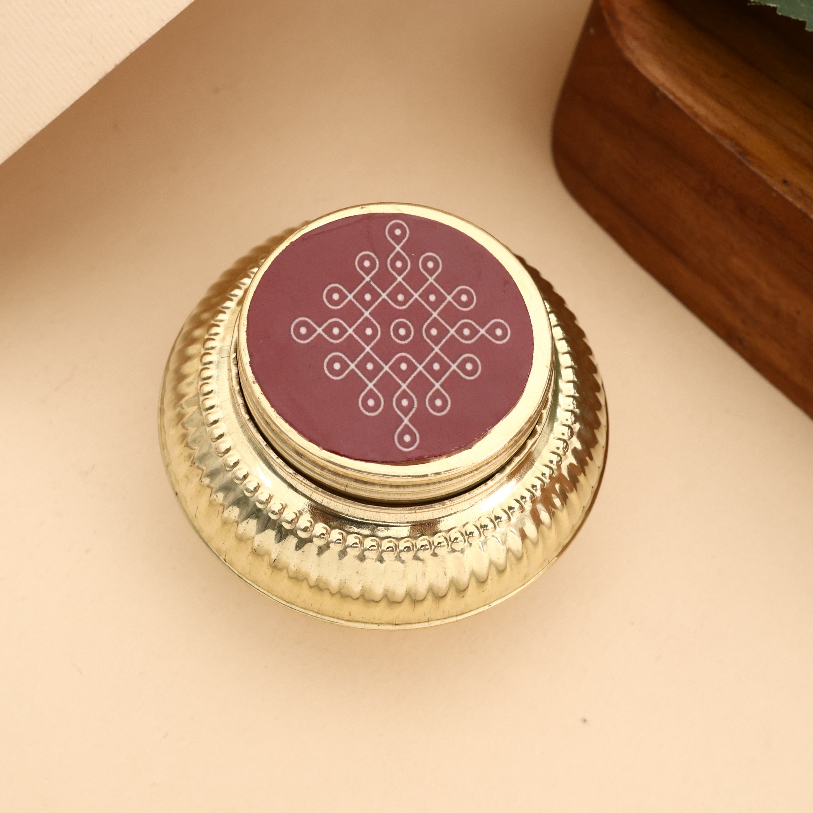 Brass Matki Haldi/Kumkum Dabbi - Sindoor Box (Assorted Prints)