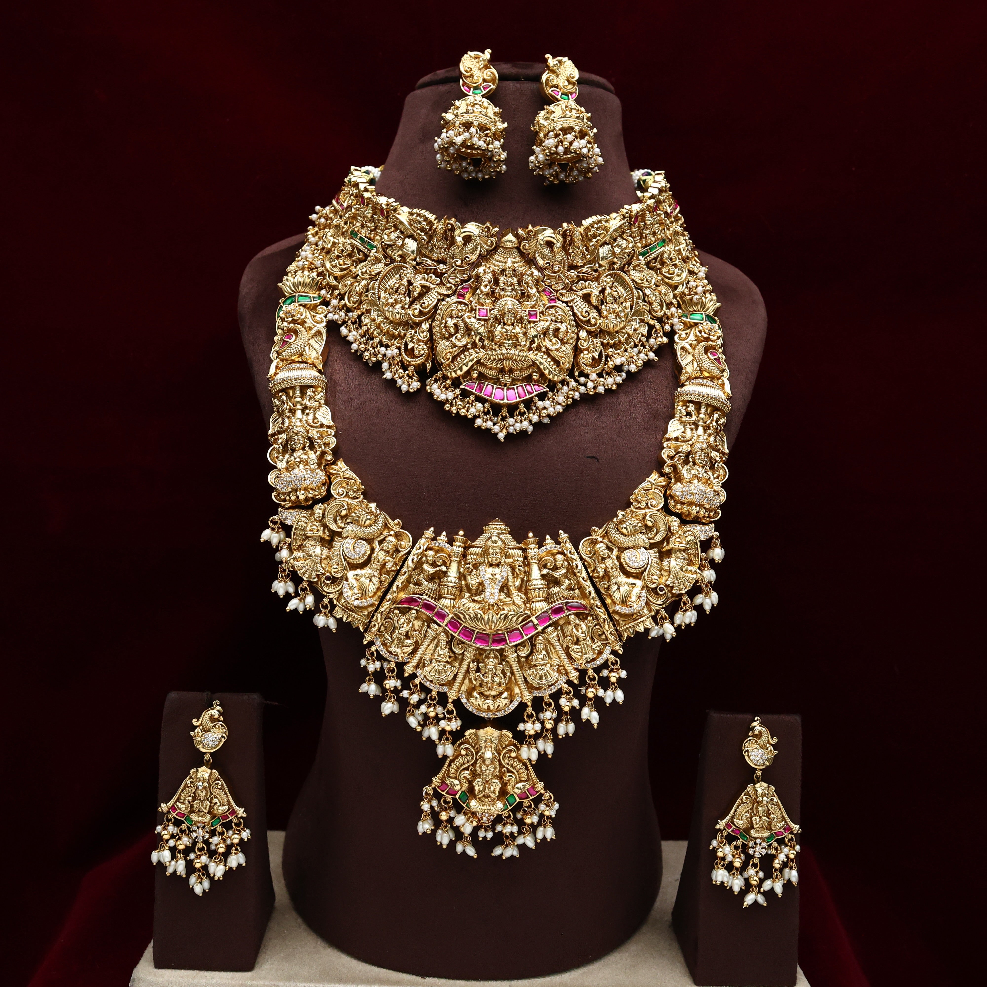 Premium Heavy Real Kemp Rice Pearls Nagasi Lakshmi Bridal Set