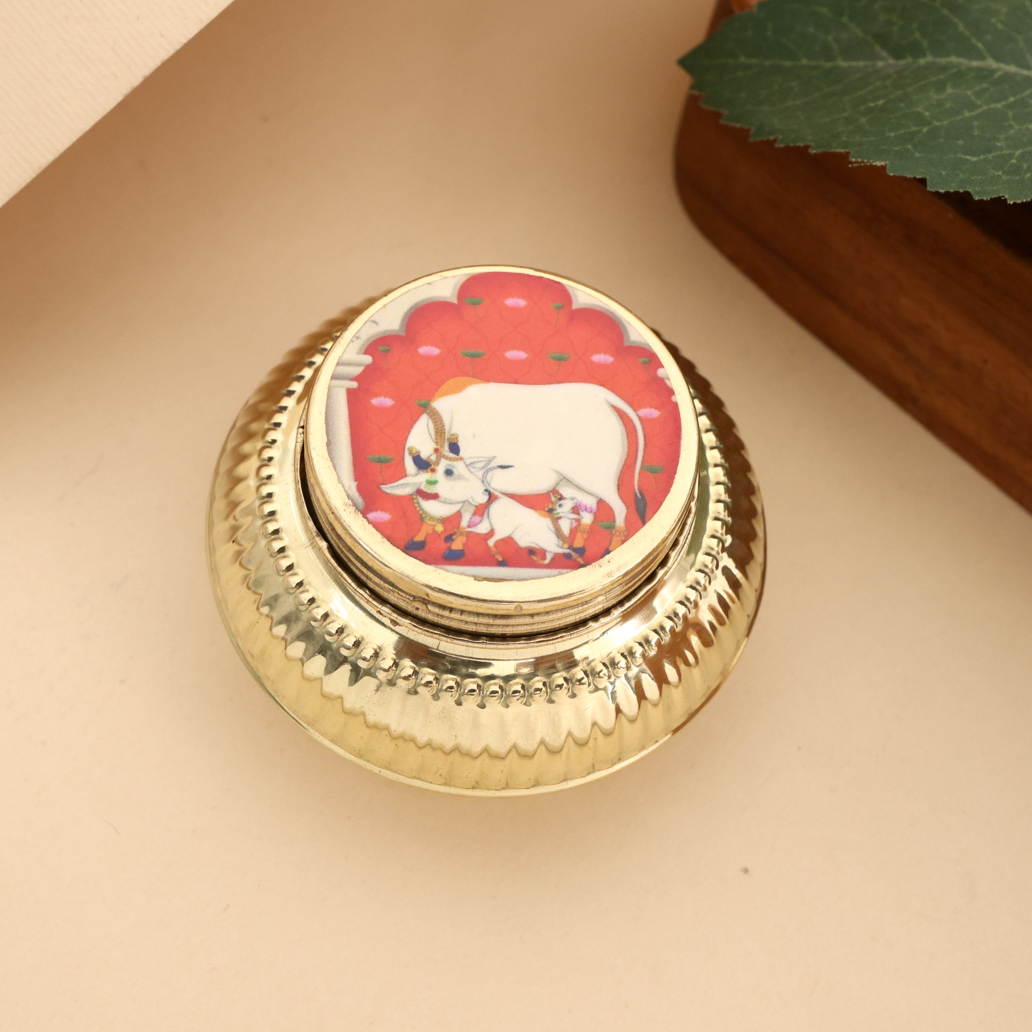 Brass Matki Haldi/Kumkum Dabbi - Sindoor Box (Assorted Prints)